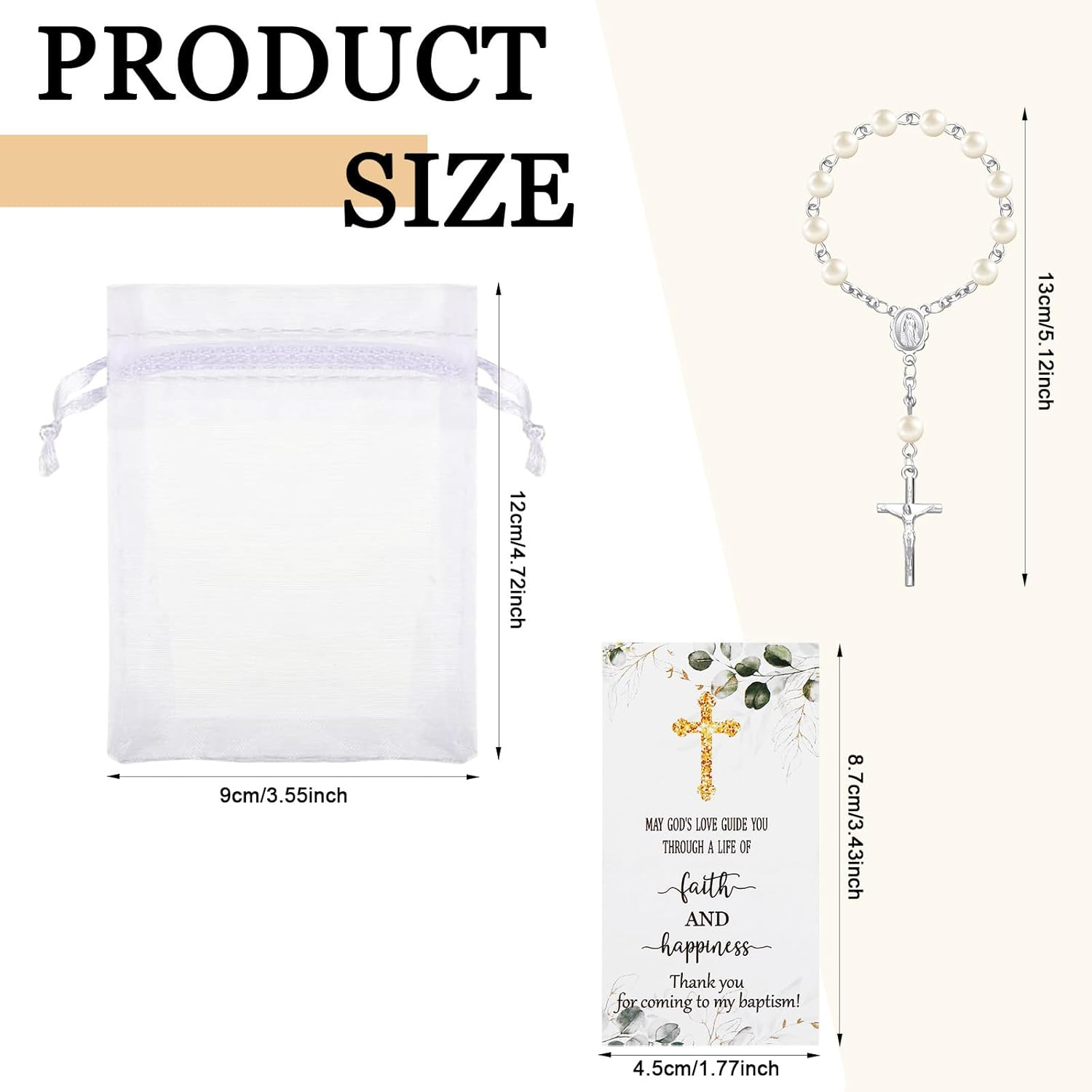 50 Sets Baptism Favors for Guests Acrylic Rosary Beads Faux Pearls Organza Gift Bags Thank You Cards Silver Angel Charm Keychain for Baptism Christening First Communion Party Supplies (Silver) image number 1