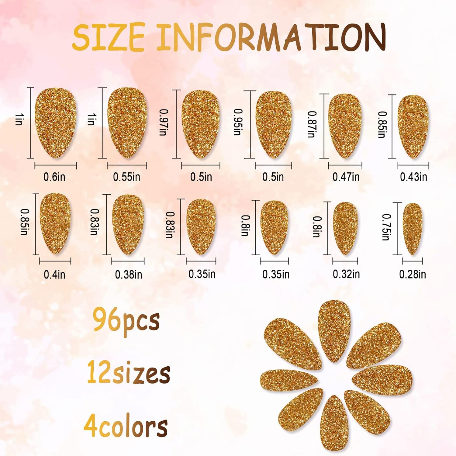 96Pcs Stiletto Fake Nails Full Cover Chrome Powder Glitter Bling Flakes Sequins Medium Length False Acrylic Nail Kits（Gold and Silver Glitter Series） image number 2