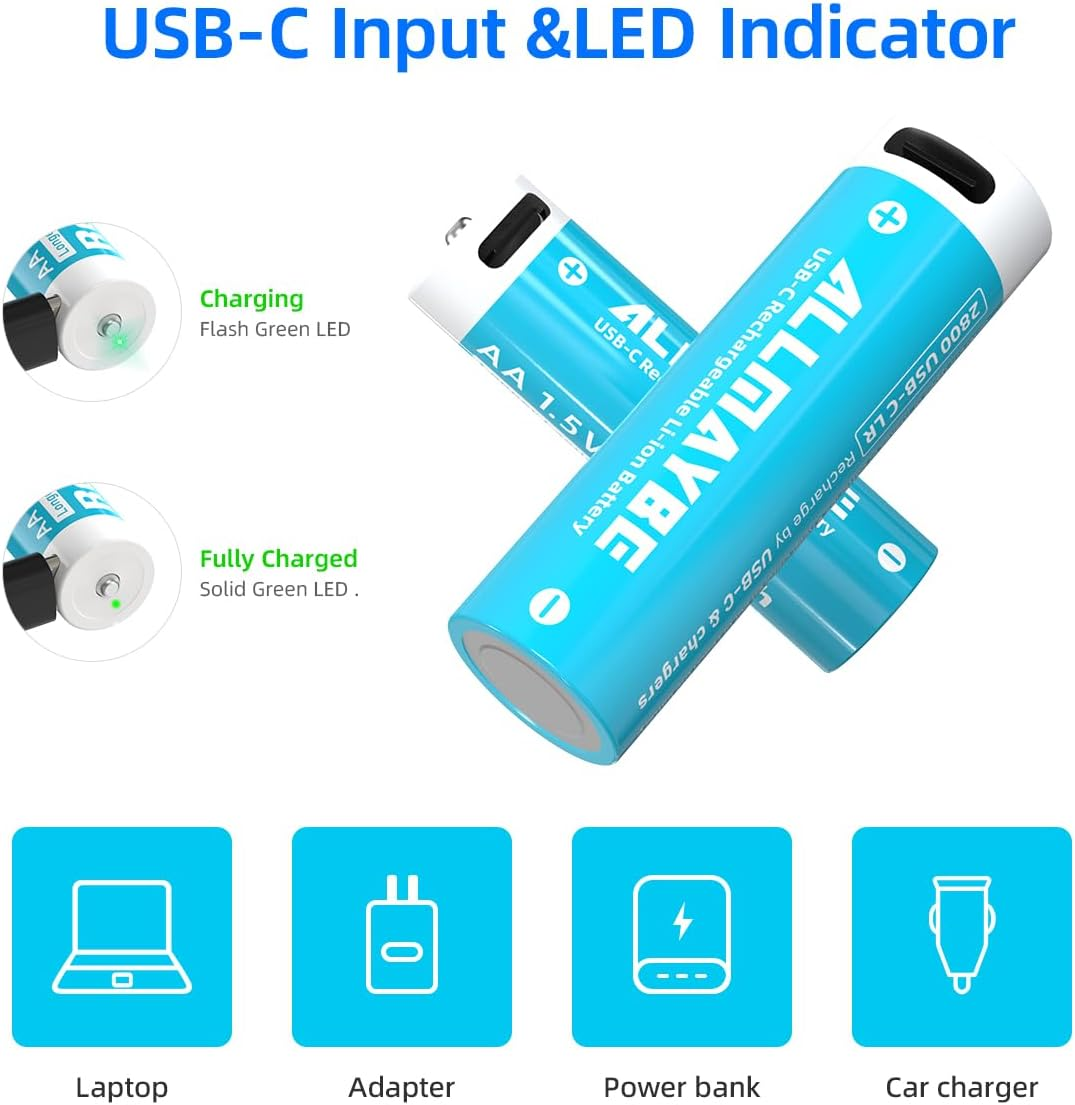 4-Pack Rechargeable 1.5V Lithium AA 2800Mah Batteries,Over 1200 Cycles,4-In-1 USB-A to USB-C Charging Cable image number 4