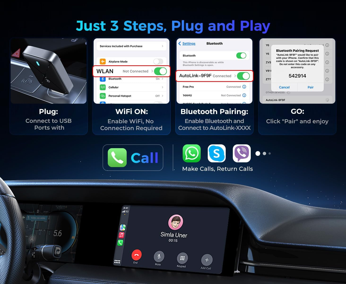 Wireless Carplay Adapter for Iphone, Mini Size for Apple Carplay Adapter, Convert Wired to Wireless with Extension Cable USB & Usb-C/Type-C, Stable Control & No Delay, Black image number 6