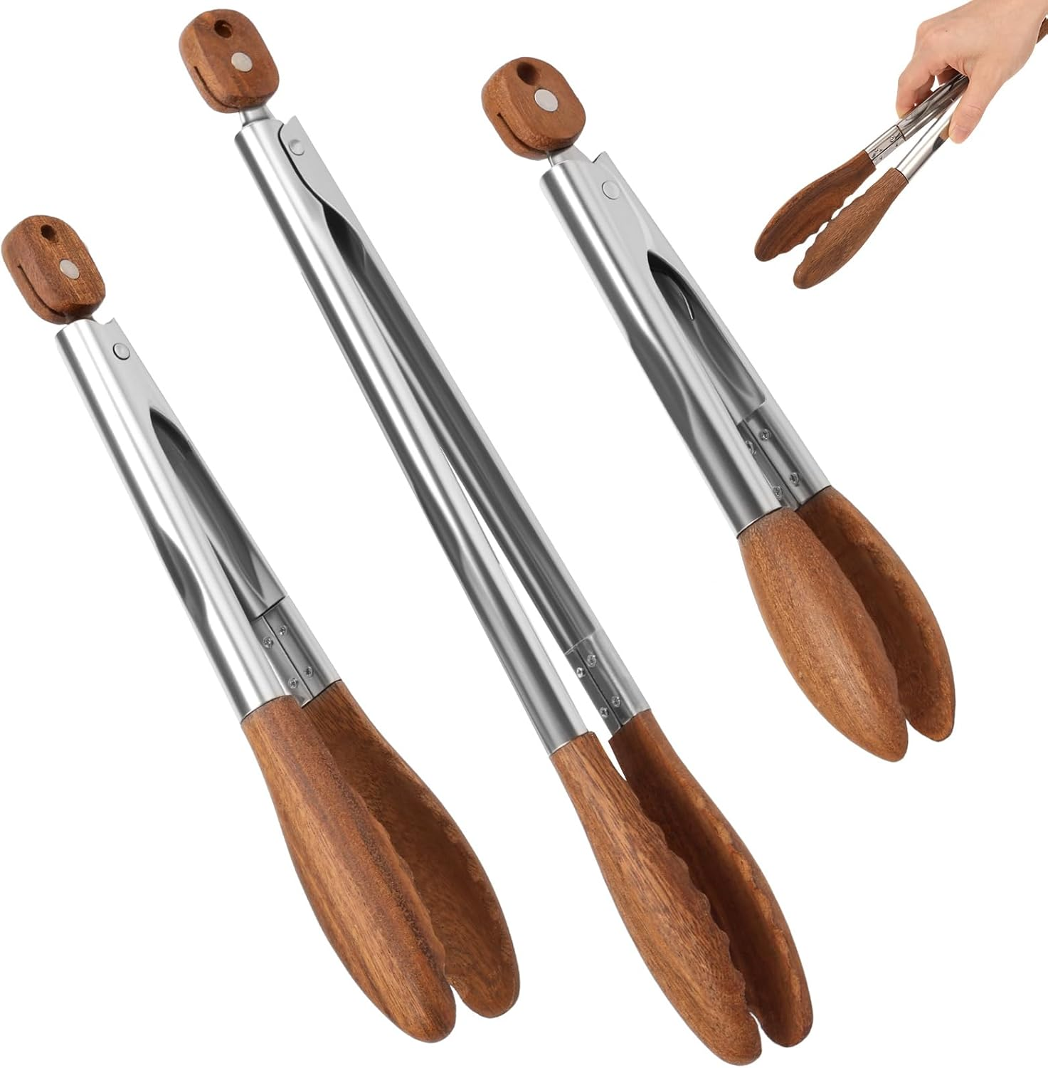 Wooden Tongs for Cooking, 15 & 11.5 & 9 Inch Kitchen Salad Utensils Tongs with Hanging Hole and Pull Lock, Heat Resistant Ergonomic BBQ Food Tong for Restaurant Home Kitchen