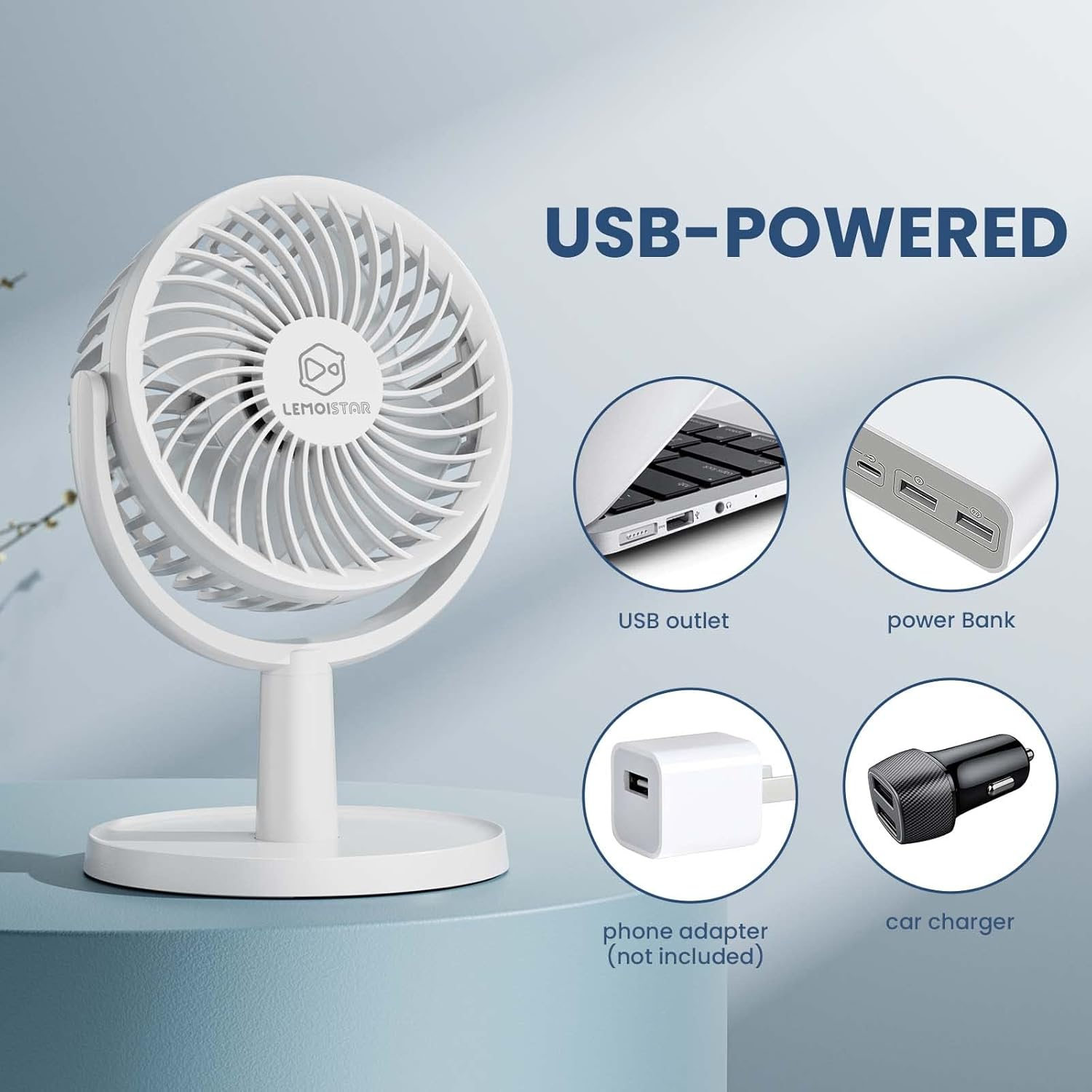 4 Speeds Small Desk Fan with Strong Airflow, Personal Portable Mini USB Fan, Quiet, 310 Degree Rotation, Detachable, Easy to Clean, Lightweight, 4 Inch, for Bedroom, Desk, Home (White, 4 Inch) image number 5