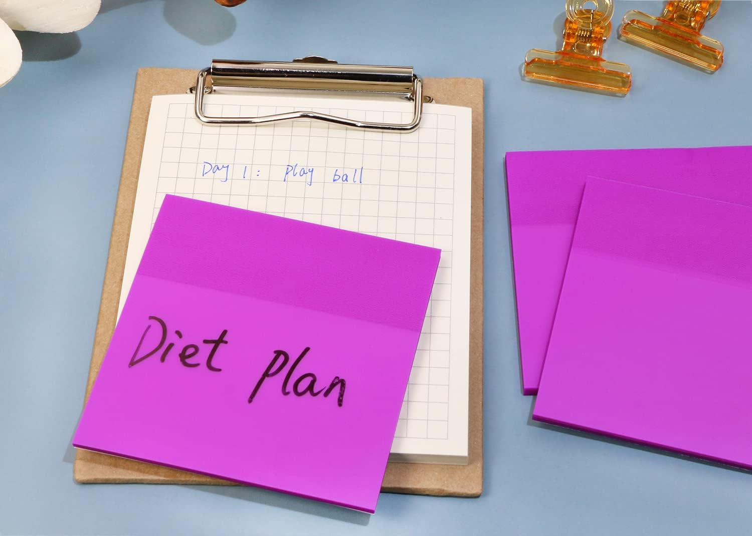 ONLYKXY 4 Pack Transparent Sticky Notes 7.6X7.6Cm Self-Stick Book Tabs 200 Sheets Waterproof PET Markers Sticky Notes Pad (Purple) image number 6