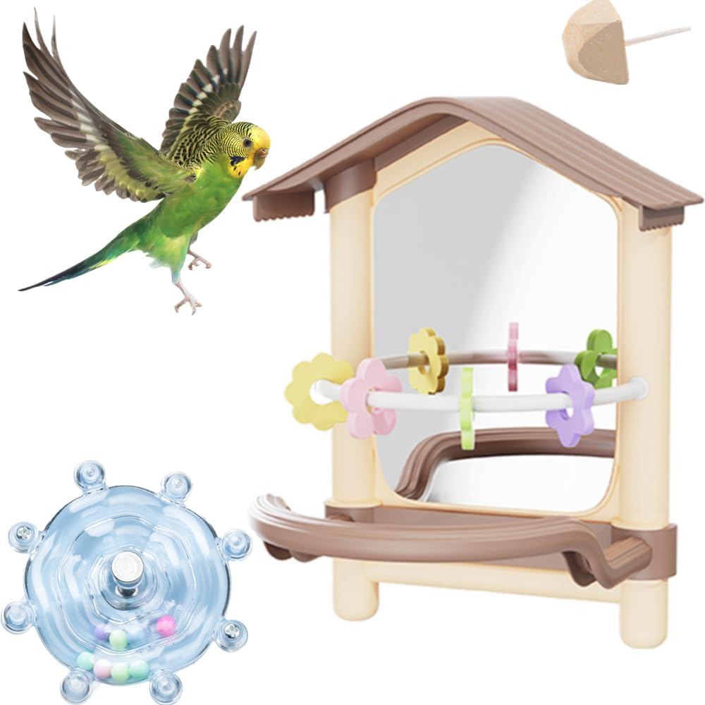 Bird Mirror with Standing Pole, with 1 Bird Turntable Nibble Toy, 1 Molar Stone, Parrot Cage Toy for Parakeet African Grey Conure Cockatiel Turtle Dew Finch Canarie image number 6