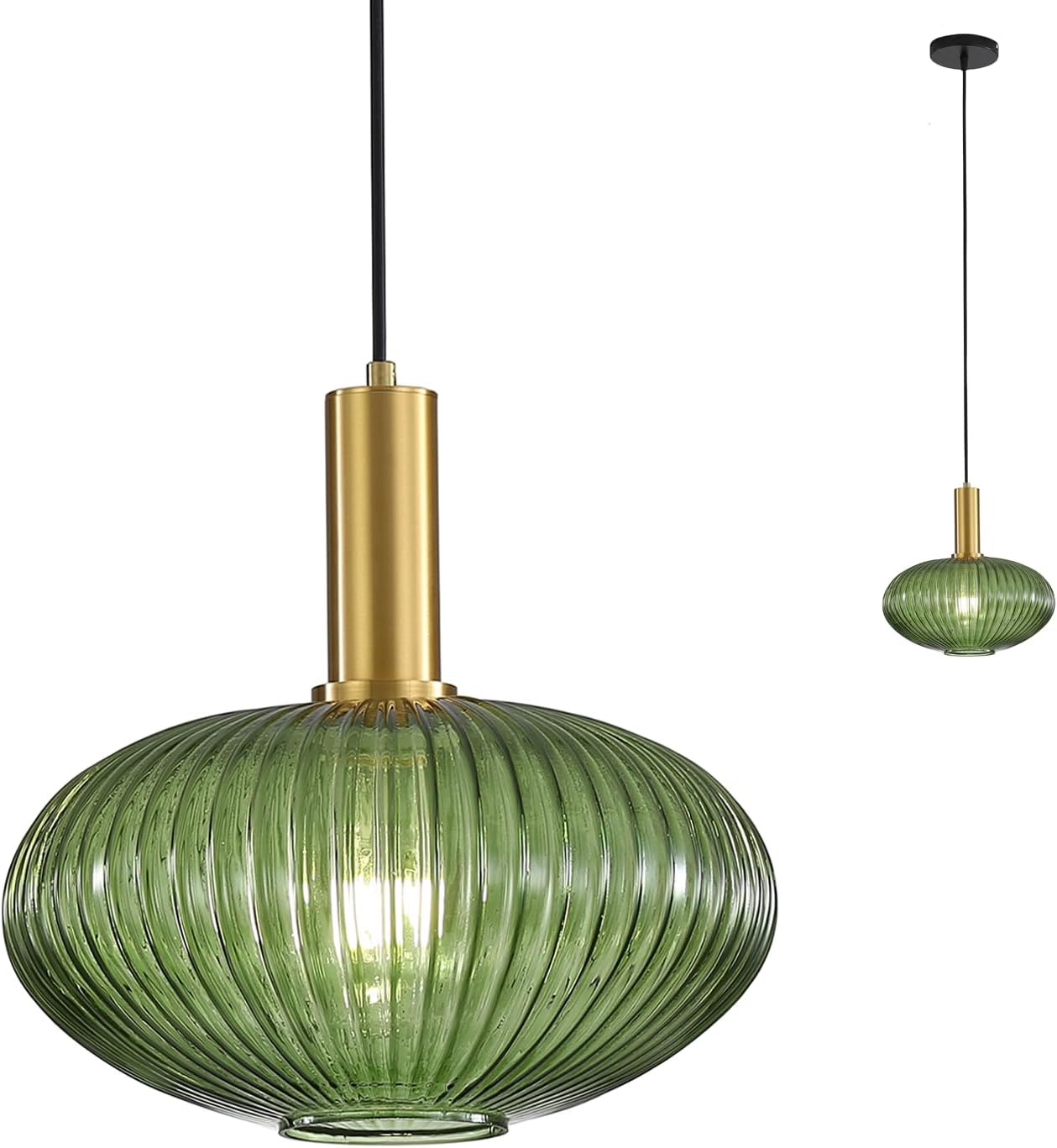 Hjxdtech Industrial Vintage Pendant Light Modern Retro Style Drop Ceiling Light Pendant Lamp Glass Lampshade with Polished Brass Lamp Holder (Green, 30 Cm) image number 6