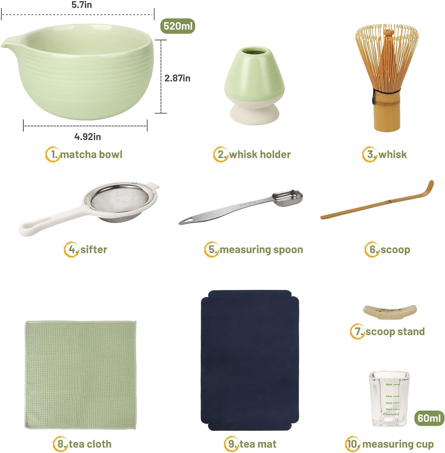 10-Pcs Matcha Kit Set, Whisk and Bowl with Spout & Measuring Spoon, Japanese Tea Making Tools image number 2