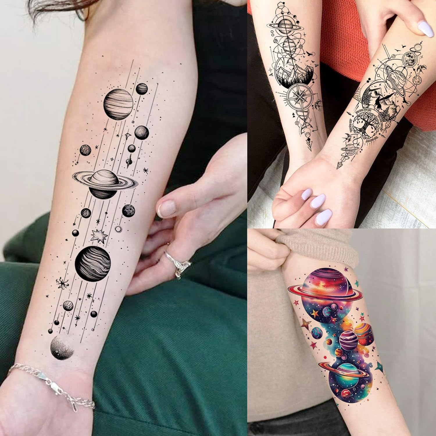70 Sheets Watercolour Planets Galaxy Temporary Tattoos Women Men Children Boys Adhesive Tattoos Adults, Colourful Star Universe Tattoos for Sticking, Forearm Fake Tattoo Stickers Space