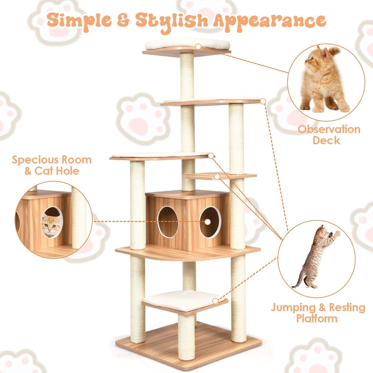 Cat Tree, Wooden Cat Tower with 6-Layer Platform, Sisal Rope Scratching Posts, Washable Plush Cushions, Cat Condo Furniture Activity Center Tower for Indoor Cats Kittens Relaxing image number 6