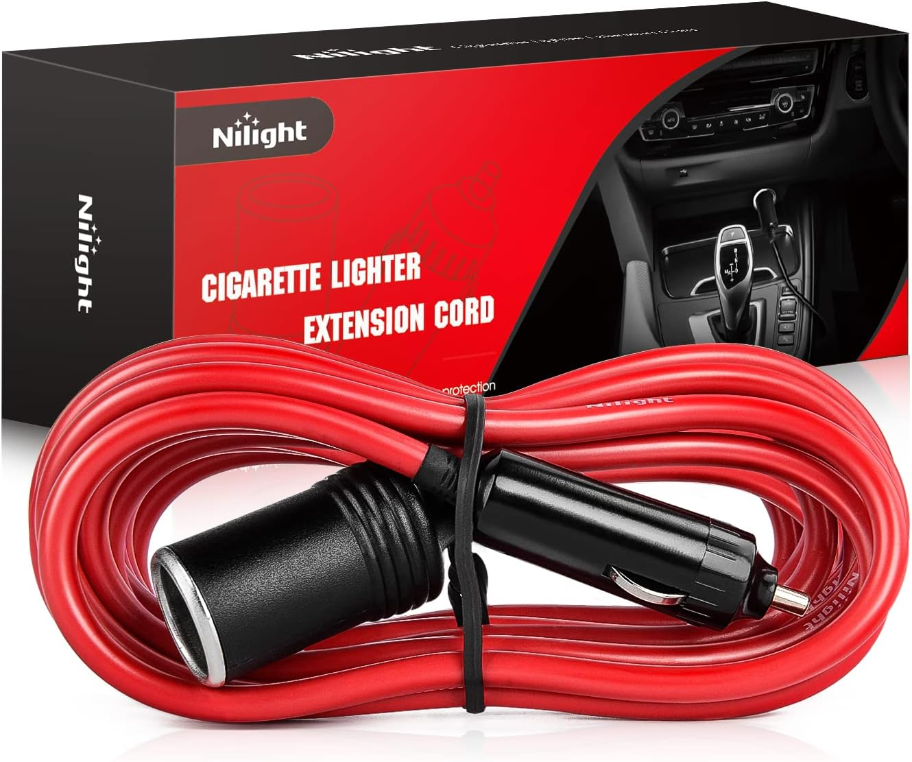 Nilight 10003W 14 Ft Male-To-Female Extension Cord Cable Heavy Duty 12V/24V Car Charger with Cigarette Lighter Socket,2 Years Warranty, Red