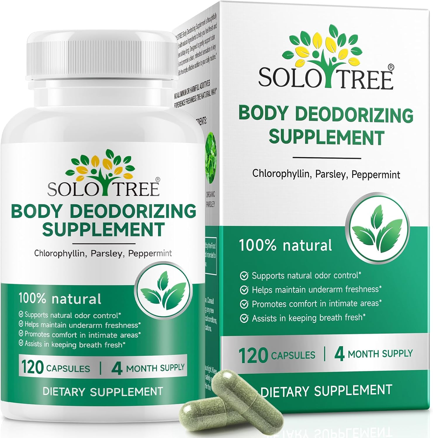 Body Deodorizing Supplement 120 Capsules | with Chlorophyll, Parsley & Peppermint | Helps Maintain Natural Freshness & Odour Balance | 100% Natural Formula | 4 Month Supply image number 1