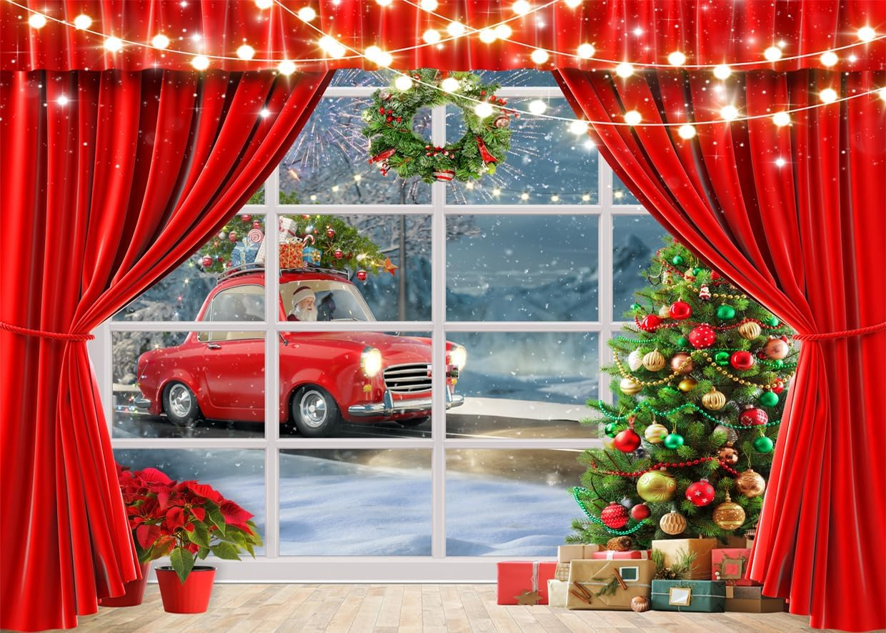 LYCGS 10X10Ft Christmas Backdrop Christmas Window Backdrop Christmas Tree Red Curtain Car Christmas Photo Background Christmas Backdrops for Photography X-168 image number 2