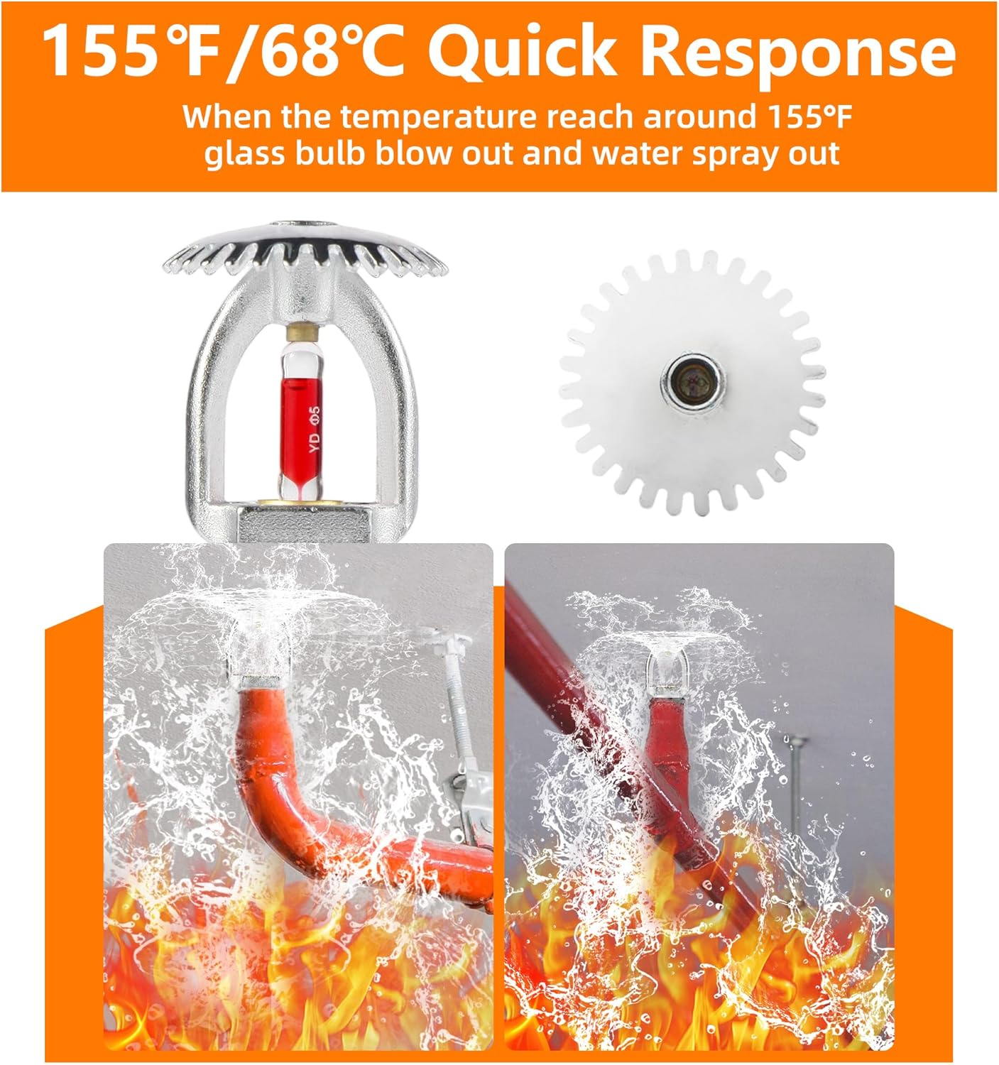 5Pc Fire Sprinkler Head & Wrench, 1/2 Inch 155℉ Upright Sprinklers K80 Water Spray up 68&deg;C Quick Response 1/2 NPT Thread for Home/Commerical/Residential Replacement (Upright Type) image number 3