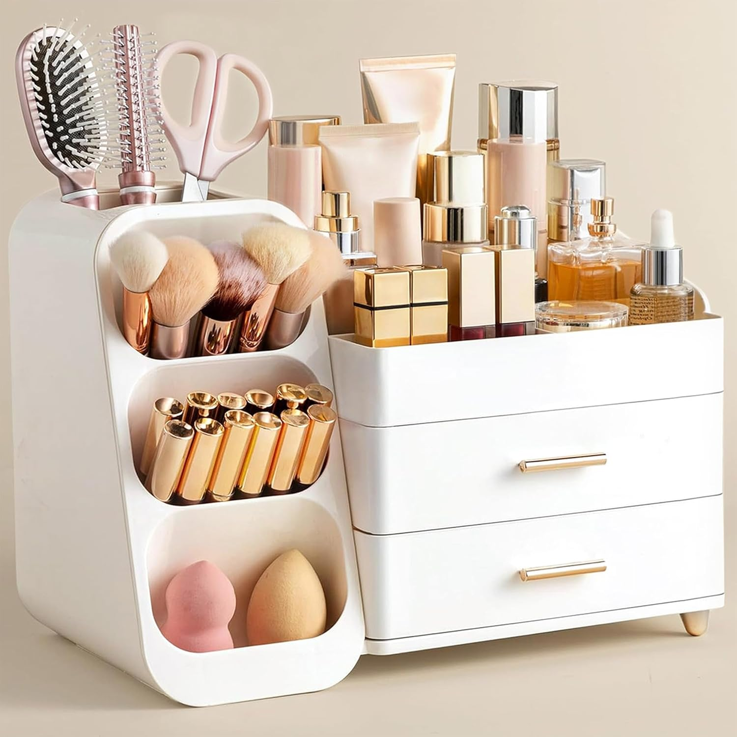Hblife Makeup Organizer with Brush Holder for Vanity, Large Plastic Bathroom Countertop Organizer Skin Care Storage, Easy to Store Lipsticks, Nail Polishes, Perfumes, Eyeshadow Palettes, All White image number 4