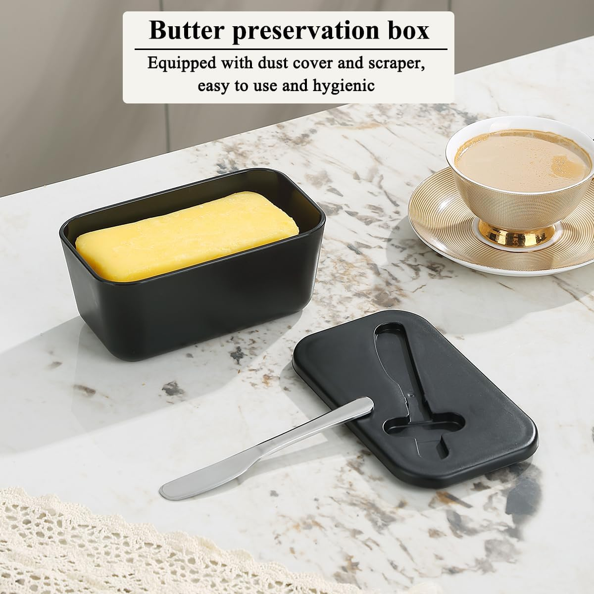 Butter Dish with Lid for Countertop and Refrigerator Door Shelf, Reanea Plastic Butter Holder Tray Container with Butter Knife, Easy Scoop Dishwasher Safe