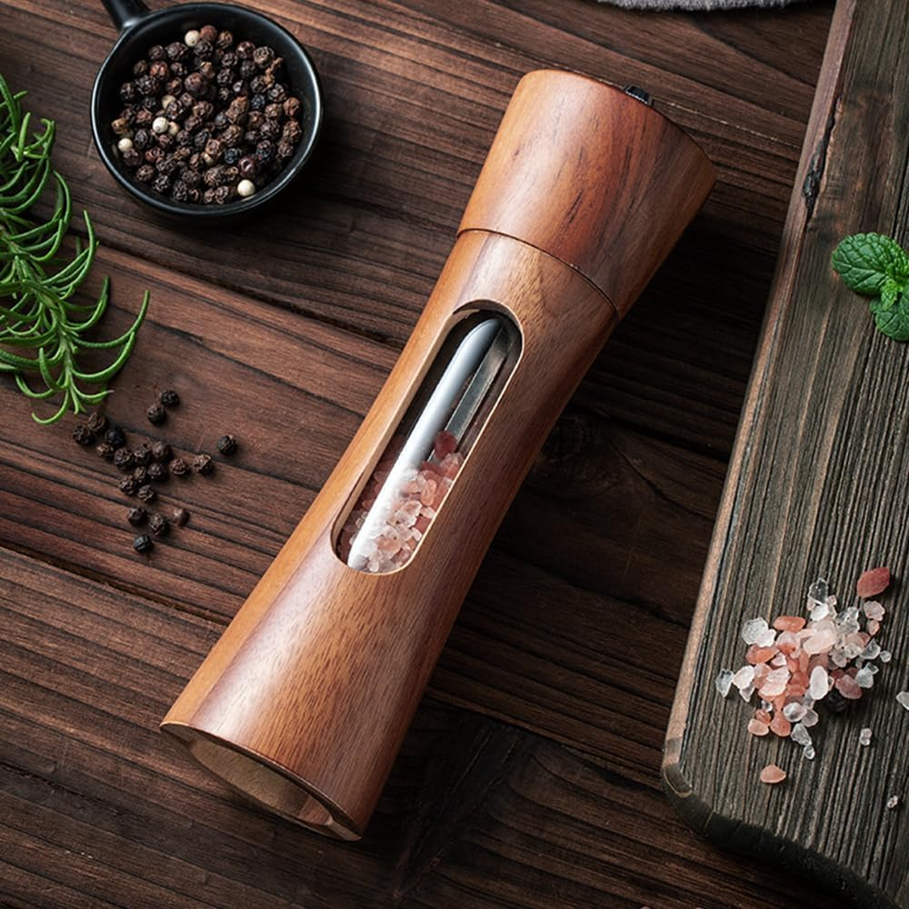 8 Inch Acacia Wooden Salt and Pepper Grinder Set with Tray, Manual Salt & Pepper Shakers with Adjustable Coarseness, Salt and Pepper Mills image number 2