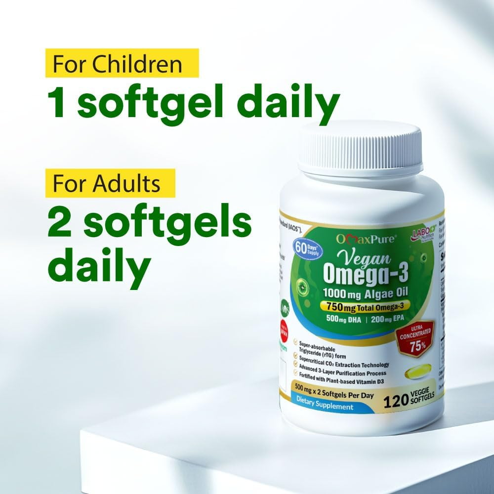 LABO Nutrition Vegan Omega 3 Algae Oil - Plant Based Fish Oil Alternative 750Mg Omega-3 500Mg DHA & 200Mg EPA - Non-Gmo & IAOS Certified - Heart, Brain, Eye, Immune, Joint Support 120 Softgels image number 1