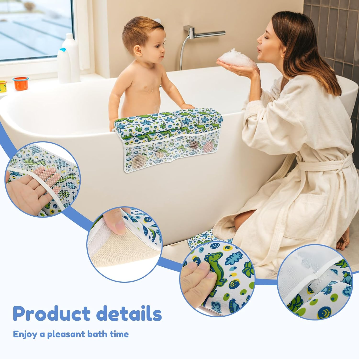 Bath Kneeler and Elbow Rest Pad Set, Nonslip Baby Bathtub Kneeling Pad with 4 Side Pockets, Quick Dry Kneeling Pad, Painless Baby Bathtub Kneeler Mat Comfortable for Baby Bathing image number 1