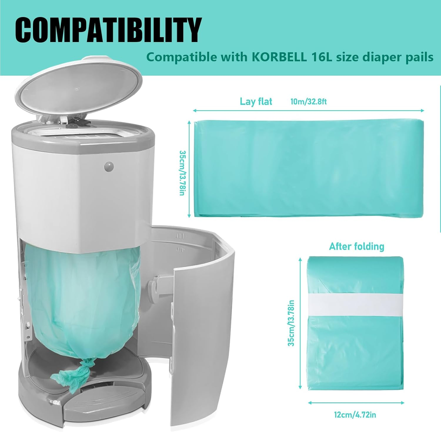 10 Pack Nappy Bin Liners Refill Bags Compatible with KORBELL 16L,Newborn Baby Diaper Pail Liner Odour-Proof,Holds up to 1200 Nappies(10 Meters Each) (Green) image number 4