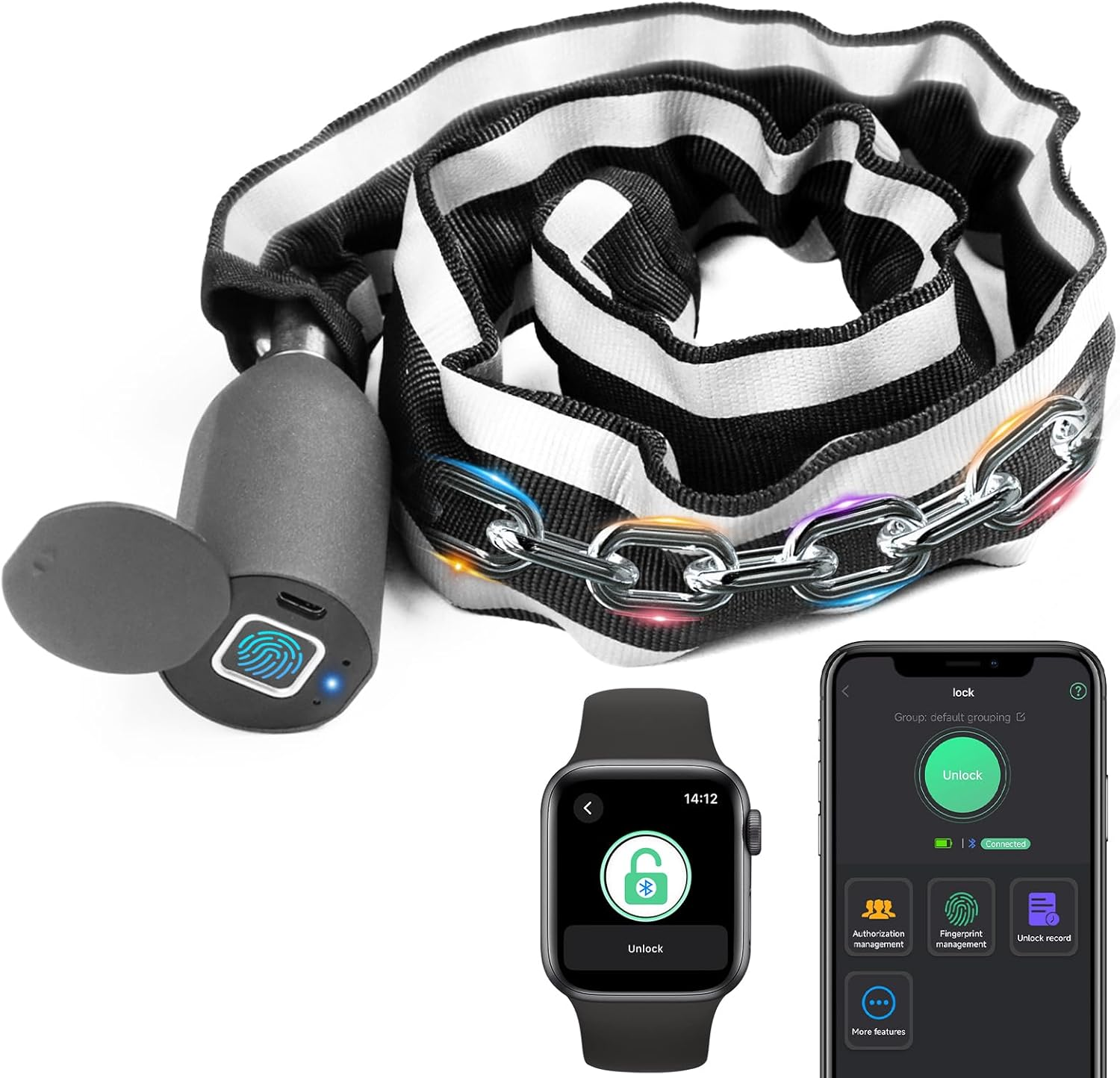 Chain Lock Keyless Waterproof Bicycle Lock Elinksmart 100CM Chain Lock for Bike Scooter Motorcycle Door Fence Gate Fingerprint Bluetooth App Heavy Duty Security 2024 Updated image number 5