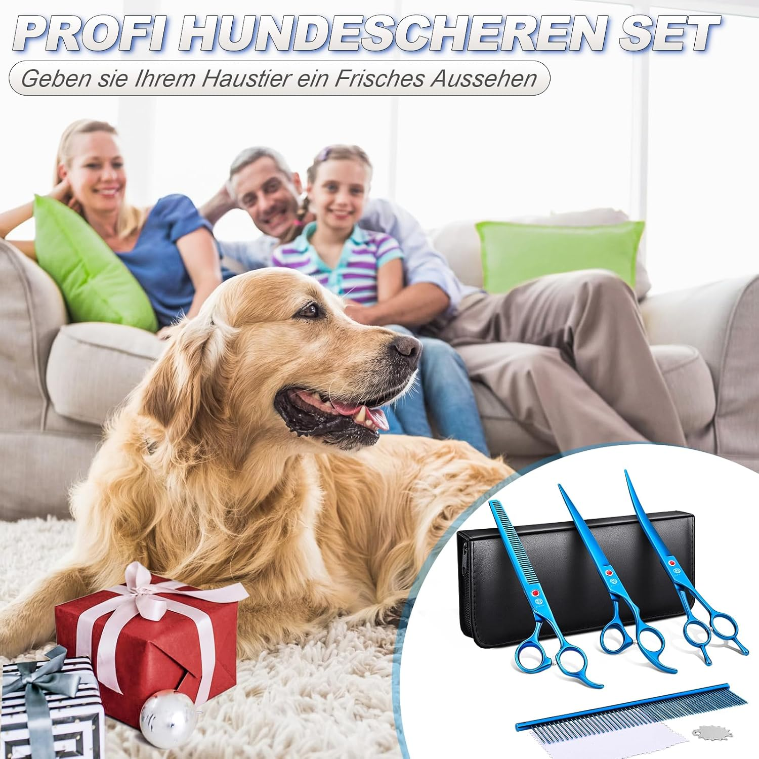 Purple Dragon 8 Inch Dog Scissors Set Professional 3-In-1 Fur Scissors Set for Dogs &ndash; Blue Dog Scissors Set Straight, Serrated and Curved Scissors Are Included for Dogs for Cats and Other Animals image number 1