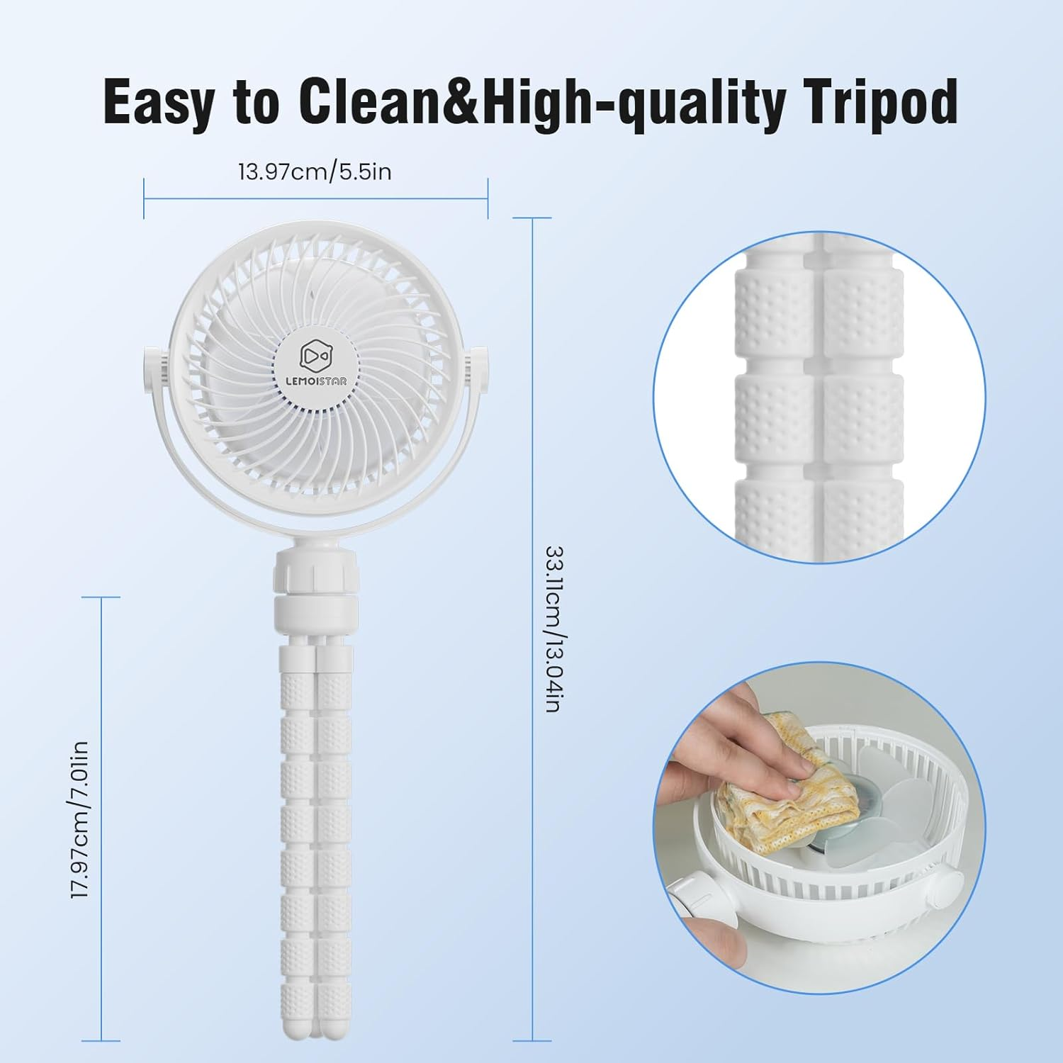 Small Battery Operated Clip-On Versatile Fan with Flexible Tripod, 5000 Mah Portable Stroller Fan, Rechargeable Desk Fans, 4 Speeds, Max 26 Hrs, USB Powered,360&deg;Rotation, for Car (White) image number 6