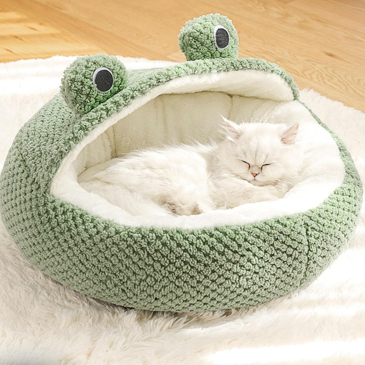 Jiawu 2 in 1 Cat Bed Cave, Small Cute Frog Shaped Dog Bed for Indoor, Fluffy Calming Sofa Cat Nest with Removable & Washable Plush Cover for Kittens and Small Dogs, Non Slip Bottom (S) image number 2