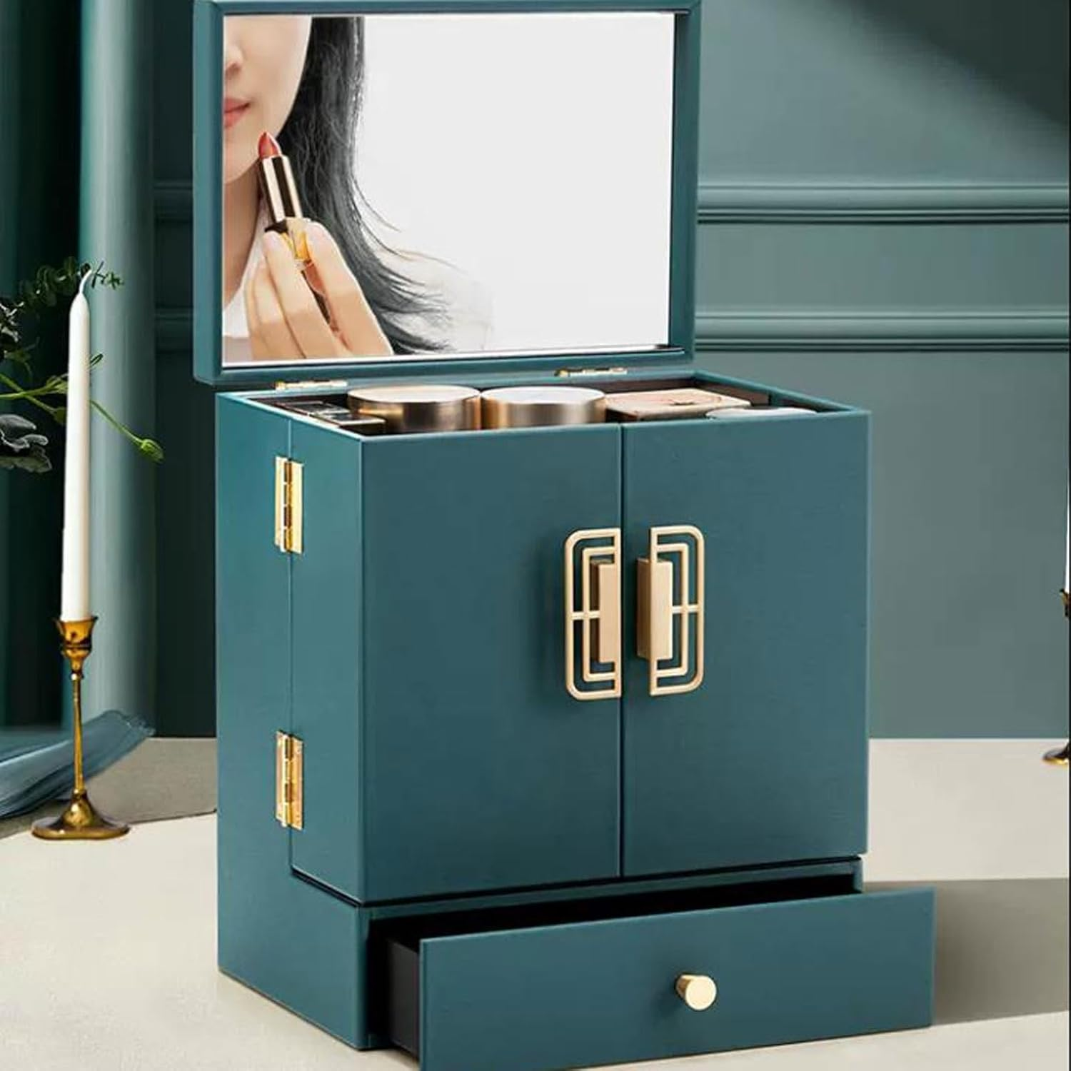 Cosmetic Organizer Luxury Makeup Organiser Storage Box Cabinet with Mirror and Drawer, Cosmetic Organizer MDF, Skincare Beauty Caddy for Dresser & Bathroom, Dust-Proof Waterproof(Green) image number 2