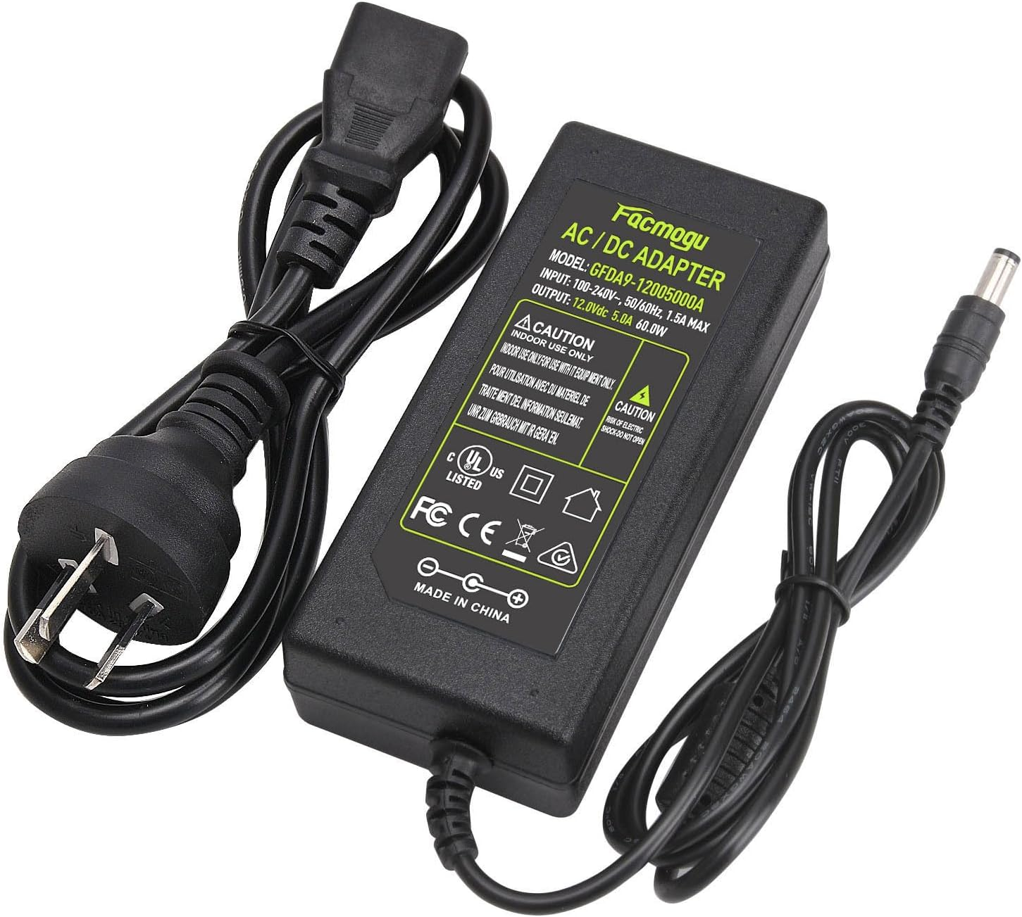 Facmogu AC to DC 12V Power Adapter, AC 100V-240V to DC 12V 5A 60W Power Supply, AU Plug 5.5X2.5Mm & 5.5X2.1Mm, 2.1M/ 6.9Ft Long Cable Switching Transformer Converter for LED Strip Light Cameras CCTV image number 4