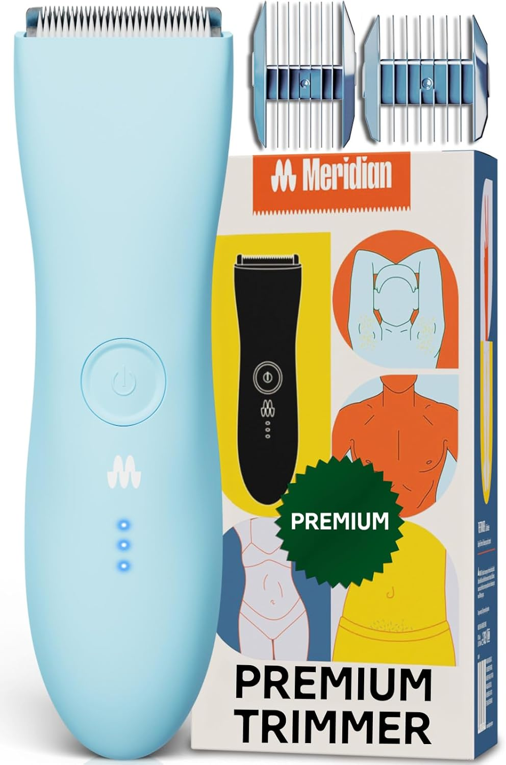 MERIDIAN the Trimmer Premium - Body Hair Trimmer & Electric Shaver for Men and Women for Pubic Hair, Chest, Legs & Bikini Line, Waterproof & Rechargeable, Sky