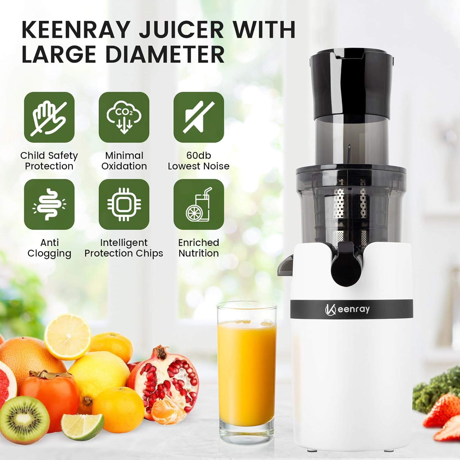 Keenray Cold Press Slow Juicer Extractor Machine for Whole Fruits & Vegetables, 80Mm Wide Chute, Quiet Motor with Reverse Function, Easy to Clean (EL18, Dark) - Dark image number 5
