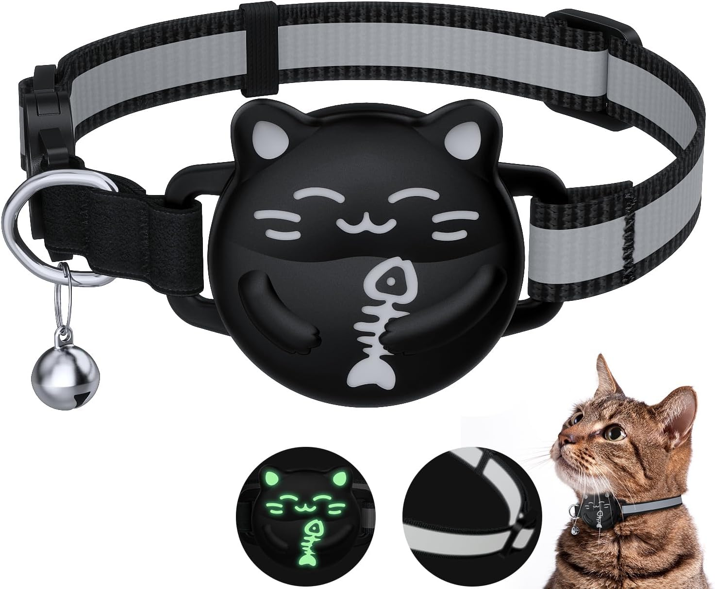 WROSWT Waterproof Airtag Cat Collar, Breakaway Cat Collars with Luminous & Reflective Strap for Apple Air Tag, Kitten Safety Elastic Band, Lightweight Hidden GPS Tracker Holder(Black, 8"-11") image number 3
