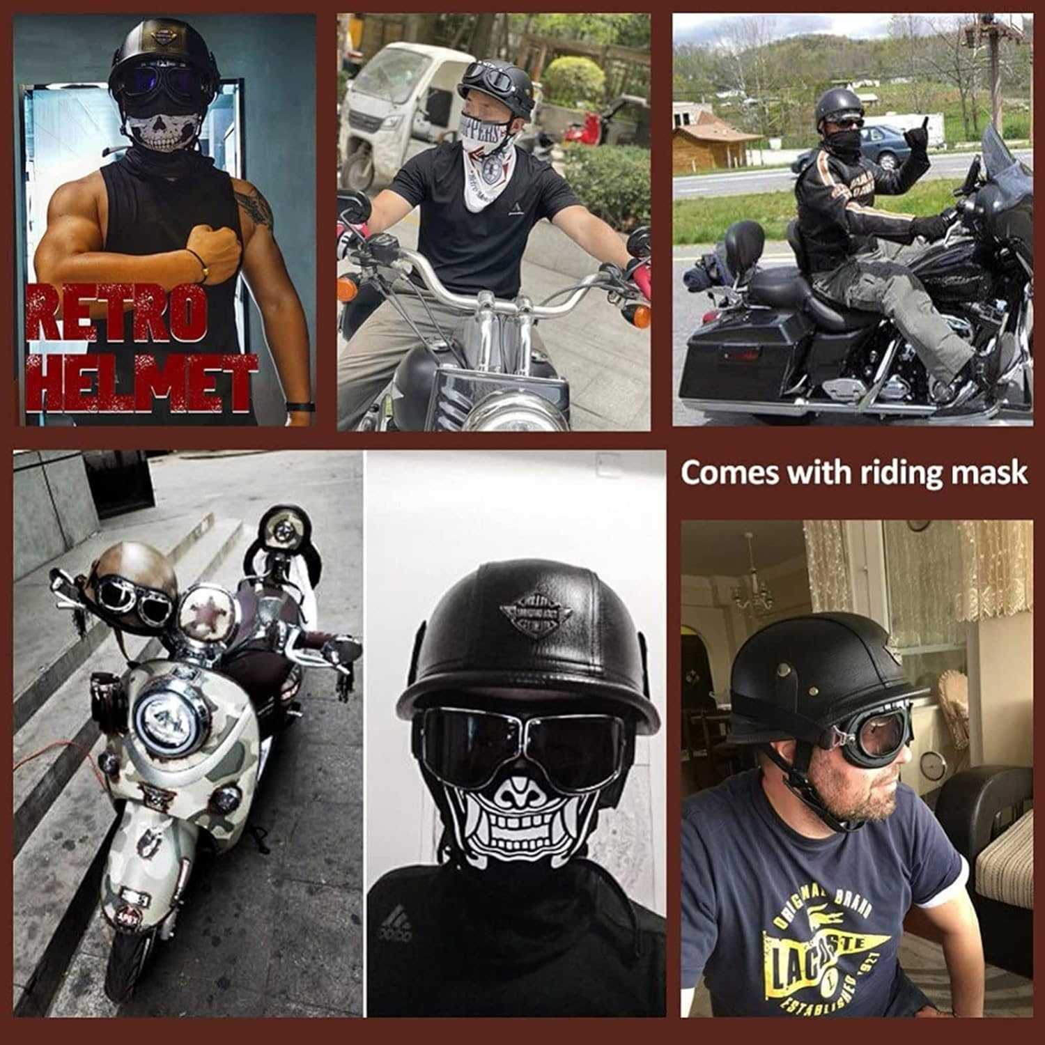 Leather Half Helmet with Yellow Goggles Vintage Motorcycle Half Shell Helmet Removable and Washable Liner Motorcycle Helmet for Adults Men Women DOT/ECE Approved image number 3