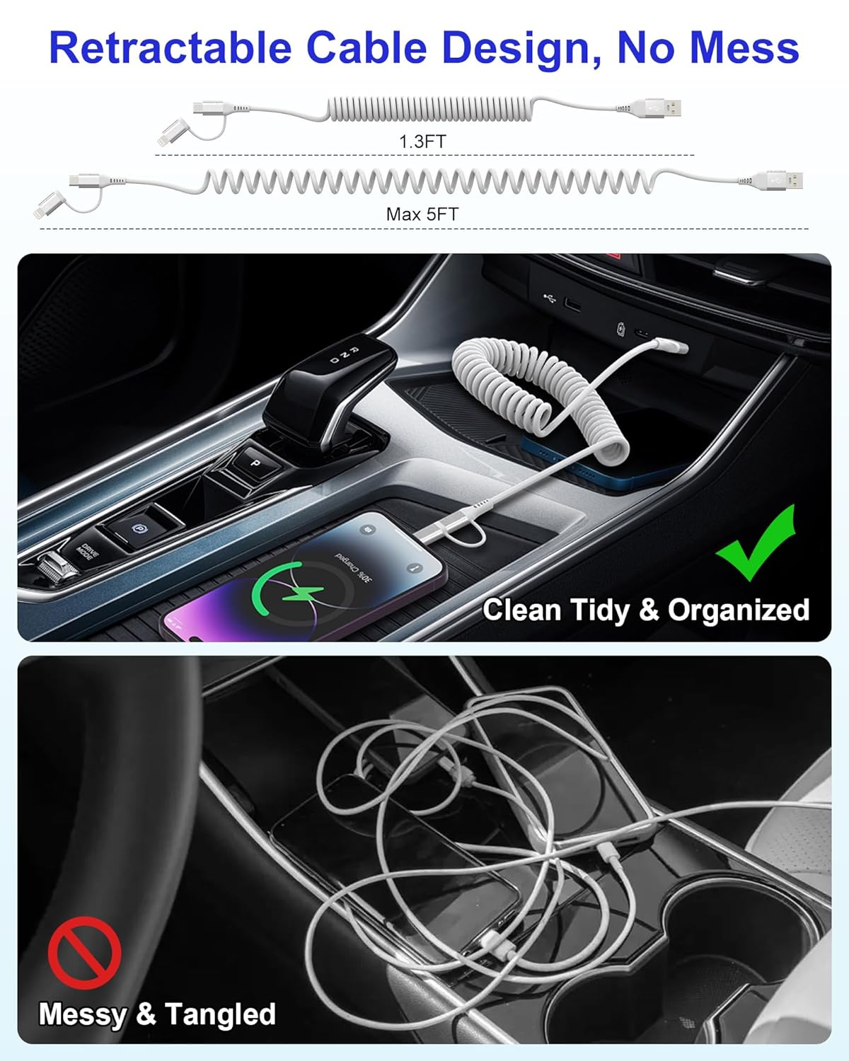 Mfi Certified Retractable Car Charger Cable 2-In-1 USB to Lightning and USB-C Coiled Cord with 3A Fast Charge & Apple Carplay & Android Auto Sync for Iphone 16/15/14/13, Samsung, Pixel image number 5