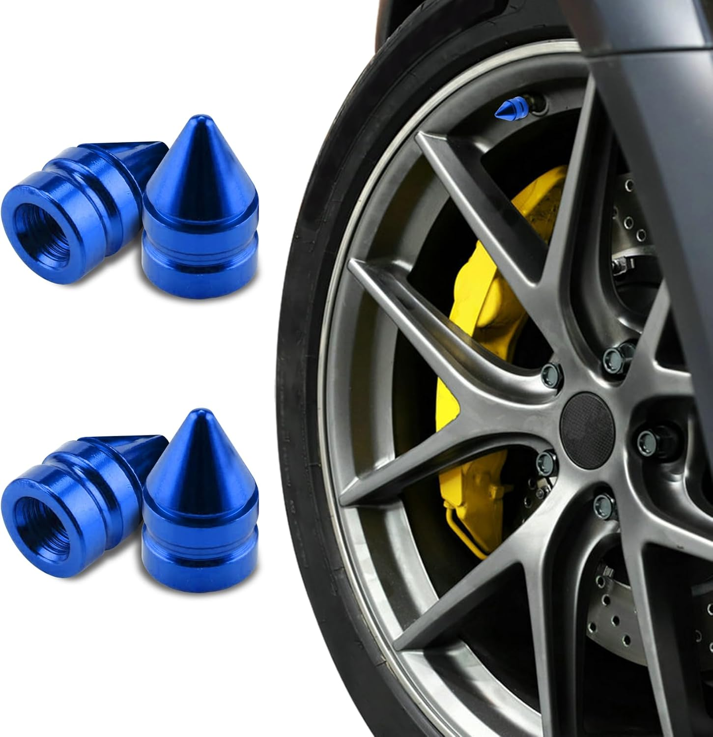 4PCS Tire Valve Caps, Tire Valve Stem Caps, Spiked Aluminum Stem Valve Caps with Plastic Liner Corrosion Resistant Leak-Proof, Universal Car Accessories Universal for All Vehicles (Gold)