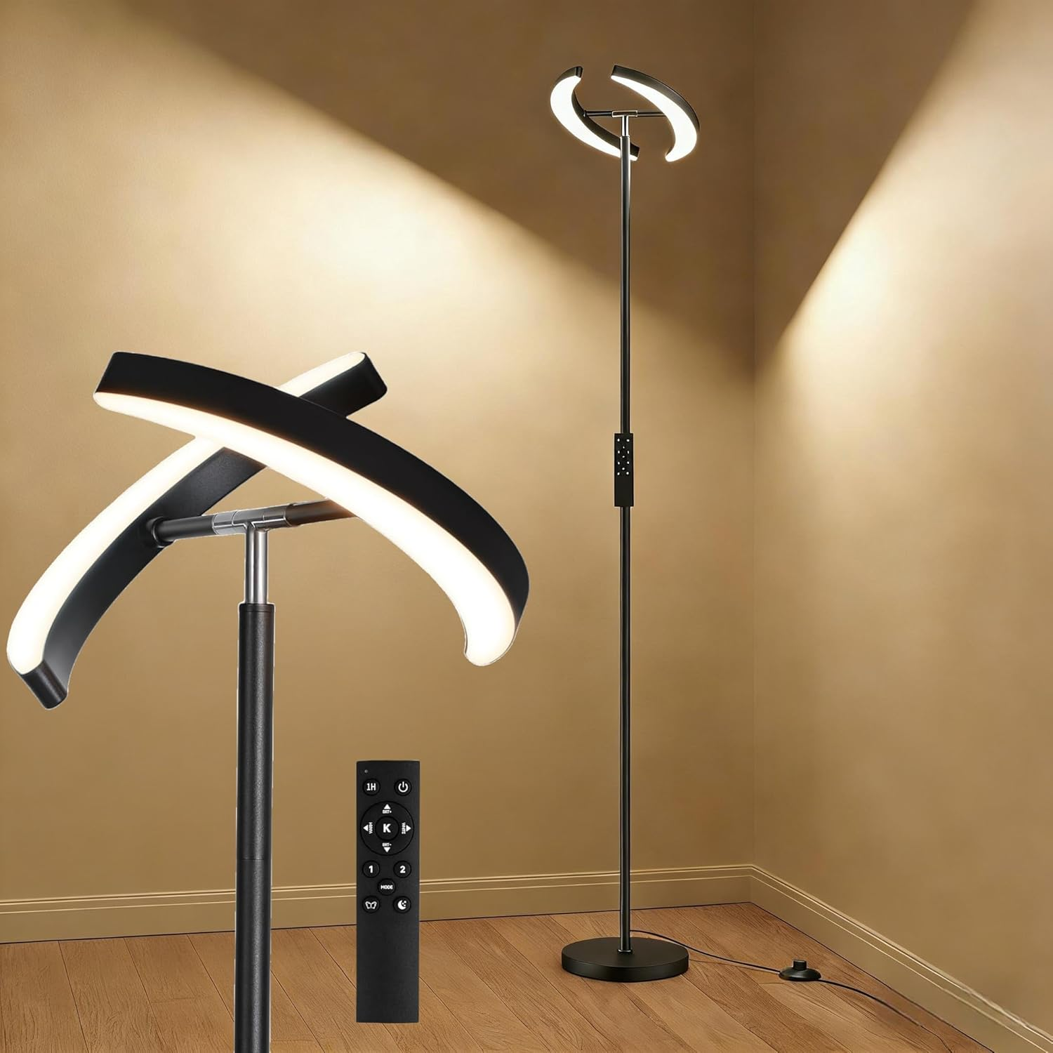 Floor Lamps for Living Room, 28W/1600LM Bright LED Floor Lamp with Remote & 2 Rotatable Lights, Stepless Dimmable 3000K-6000K Rotatable Reading Standing Light for Living Room Bedroom