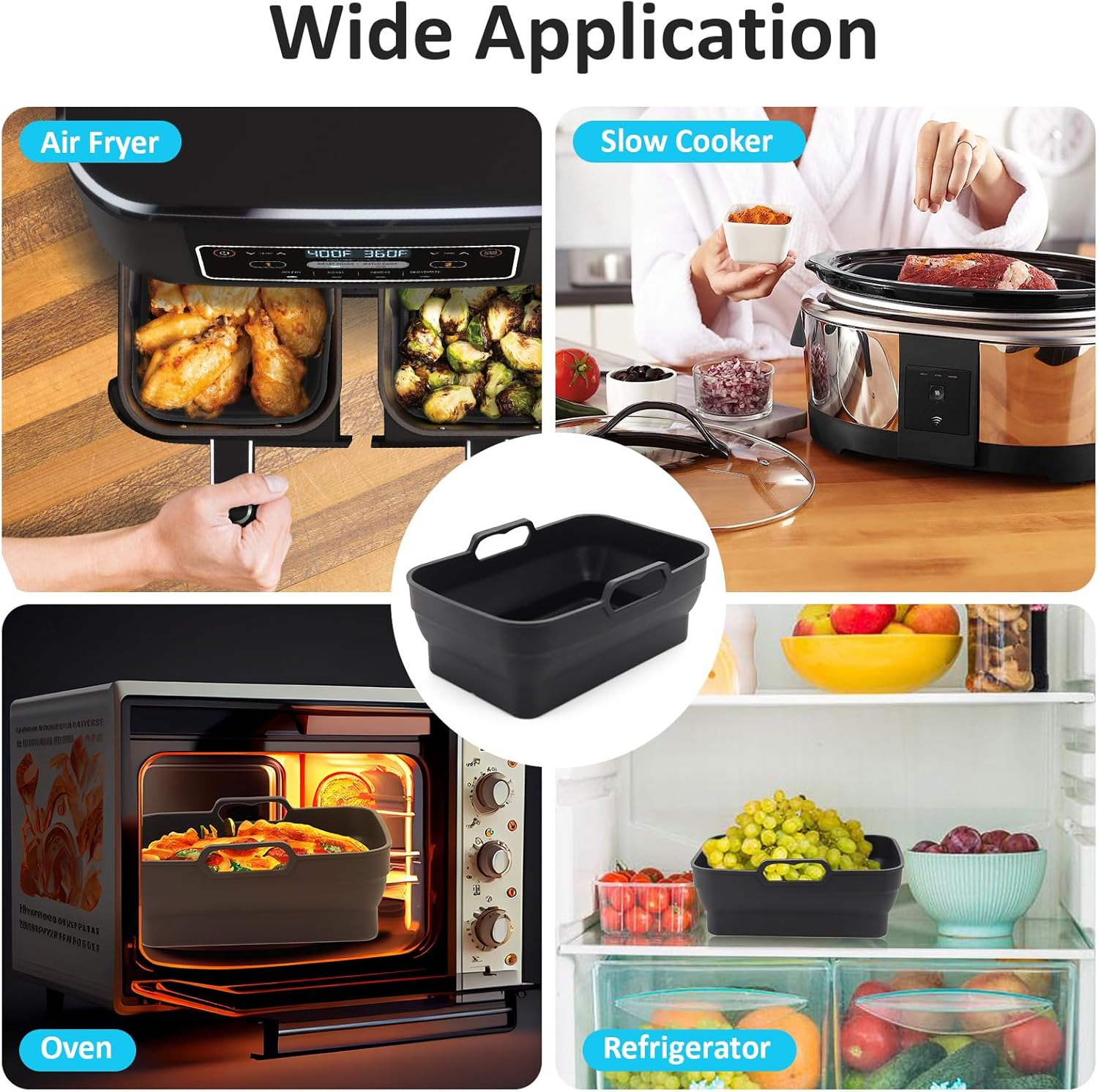 Ninja Dual Air Fryer Silicone Liners 2 Pack - Reusable Replacement Basket Bowl, Collapsible Baking Tray for Oven Microwave Accessories (Black) image number 1