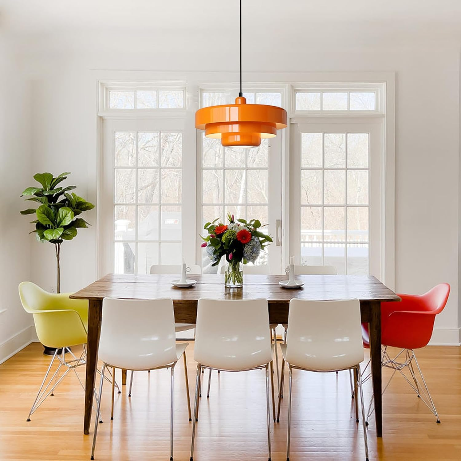 Mid Century Pendant Light Fixtures Orange Ceiling Pendant Lighting 3-Layer Metal Shade Design Vintage Hanging Light Flush Mount Light for Kitchen Island Dining Table Hallway (Orange) image number 6