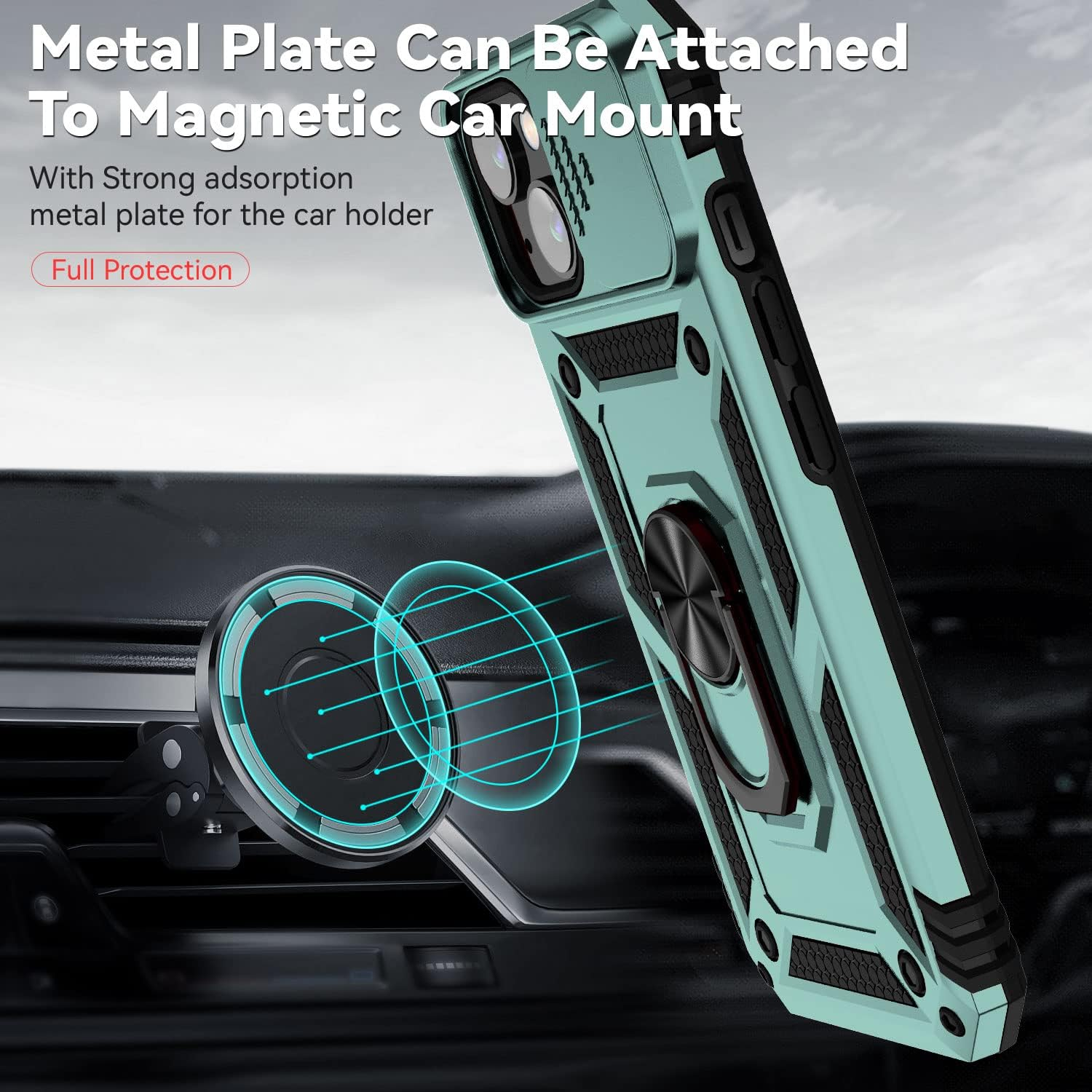 QIWEIQING Iphone 14 Case Plastic Back Cover TPU Bumper Mobile Phone Case 360 Degree Metal Ring Stand Heavy Duty Military Grade Protection Hybrid Shockproof Case for Iphone 14 / Iphone 13. Green JXT