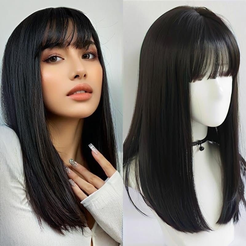 Straight Black Synthetic Wig with Bangs,Shoulder Length, Medium - Long Straight Hair with Air Bangs, Naturally Fluffy Full - Head Wig for Party Daily Use（Black，18.5In） image number 1