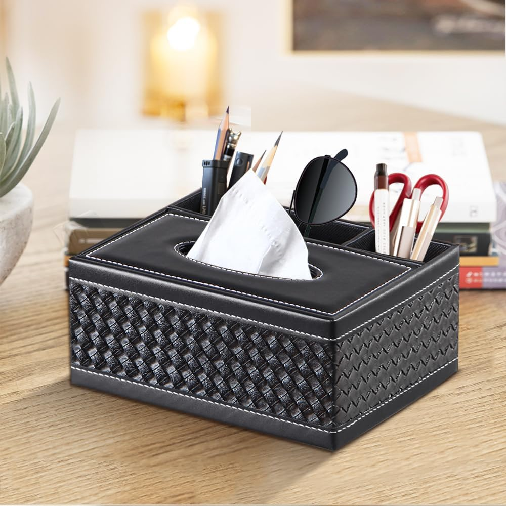 Leather Tissue Box Cover,Multifunctional Tissue Box Holder with Stationery Remote Control Box,Dryer Sheet Dispenser,For Home Restaurant,Bathroom Vanity Countertops,Bedroom Dresser,Night Stands,Office - Antique image number 4
