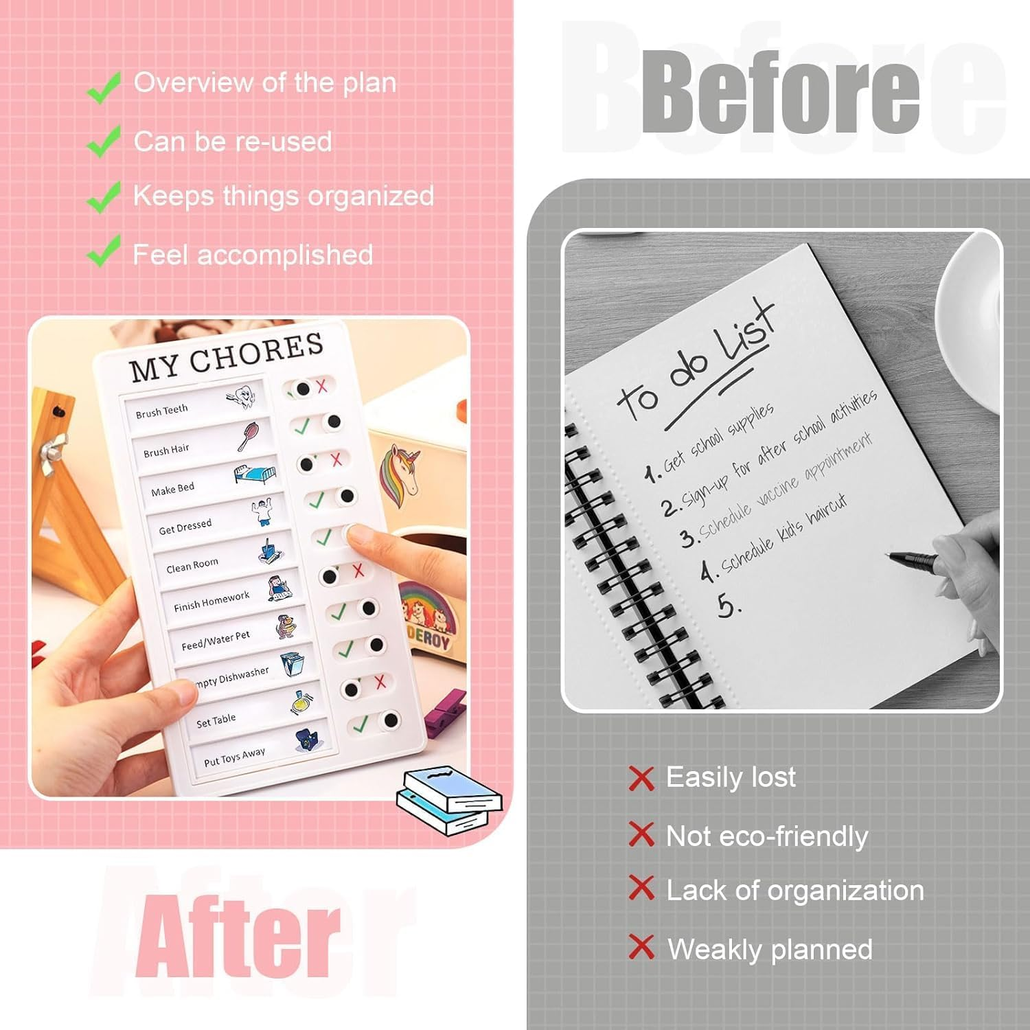 Chore Chart, 4PCS Chore Chart Kids Daily Planner, Reusable Chore Checklist for Planning with 20 Detachable Cardstock for Teacher Calendars Planners to Do List(4 Colour) image number 5