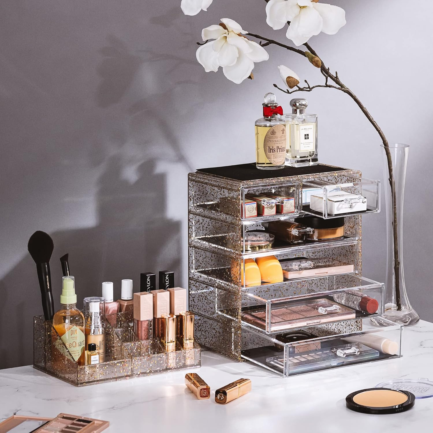 Sorbus Clear Cosmetic Makeup Organizer - Make up & Jewelry Storage, Case & Display - Spacious Design - Great Holder for Dresser, Bathroom, Vanity & Countertop (4 Large, 2 Small Drawers) [Glitter] image number 6