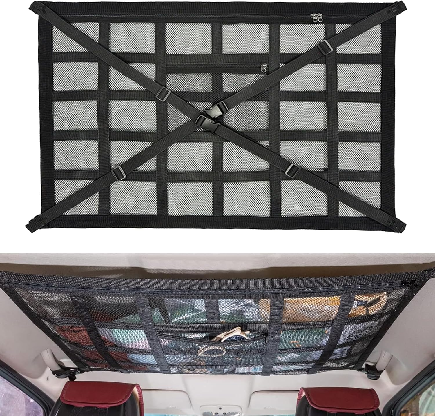Supcomsta Car Ceiling Cargo Net with Pocket, 30.5In X 20.9In and 35.4In X 25.6In Car Ceiling Storage for Cars and SUV, Double-Layer Cars Cargo Carrier Roof Organizer Automotive Accessories (Large) image number 3