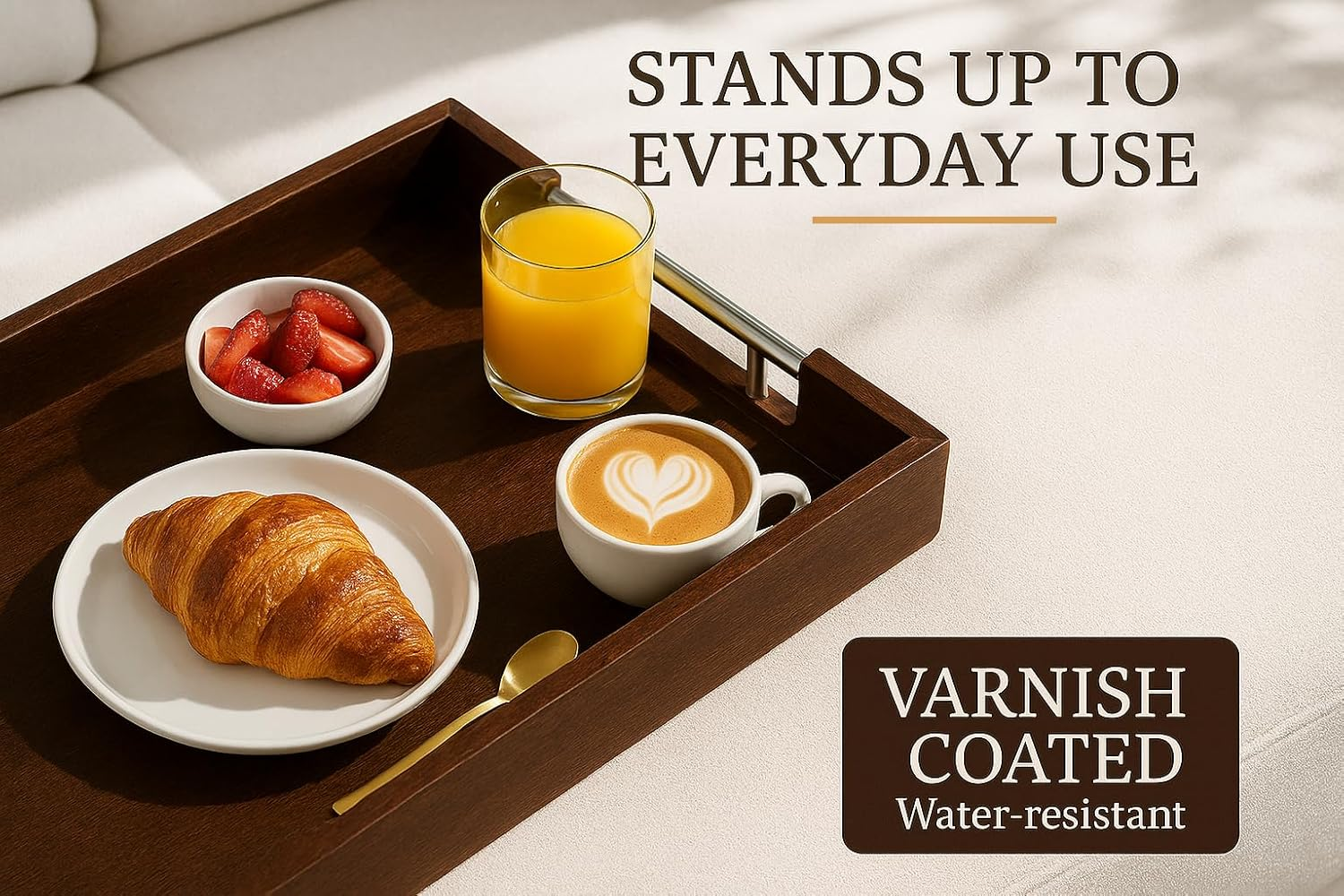 Swyftee Serving Tray with Handles &ndash; 17 X 12 X 2 Inch Dark Brown Acacia Wood Ottoman Tray Table Trays Decorative &ndash; Coffee Tray Wood Decor for Kitchen &ndash; Breakfast in Bed Tray with Silver Metal Handles image number 1