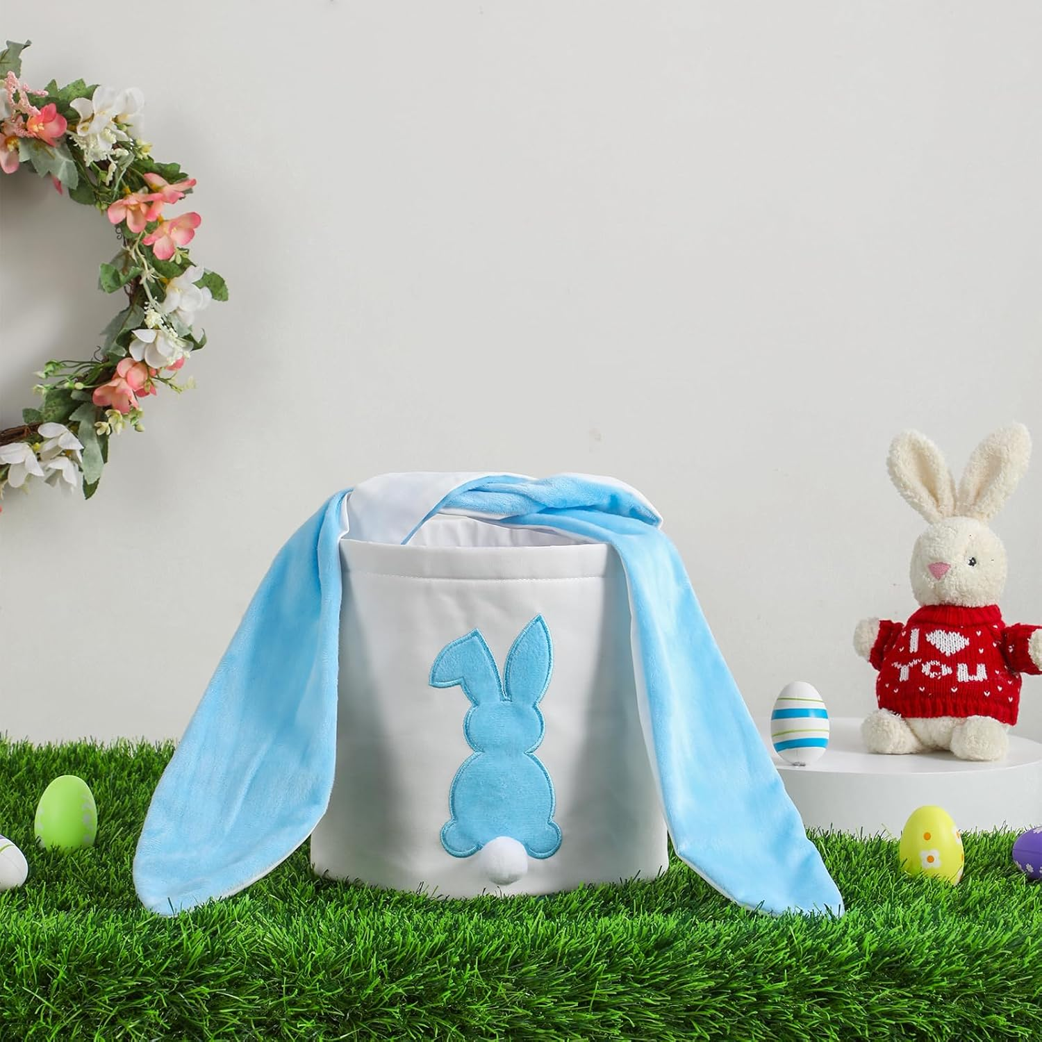 MONOBLANKS Easter Bunny Basket Bags Carrying Gift and Eggs Hunt Bag,Rabbit Canvas Toys Bucket Tote (A-Blue) - A-Blue image number 2