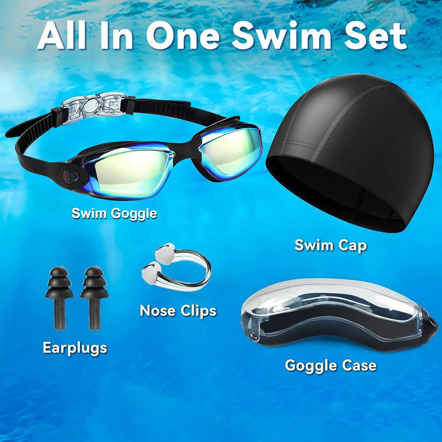 4 in 1 Swimming Goggles Set, Professional Swim Goggles HD Lenses, UV Protection No Leaking anti Fog,Adjustable Size Swim Goggles with Nose Clip,Swim Cap, Earplugs, Case,Suitable Adult/Children image number 6