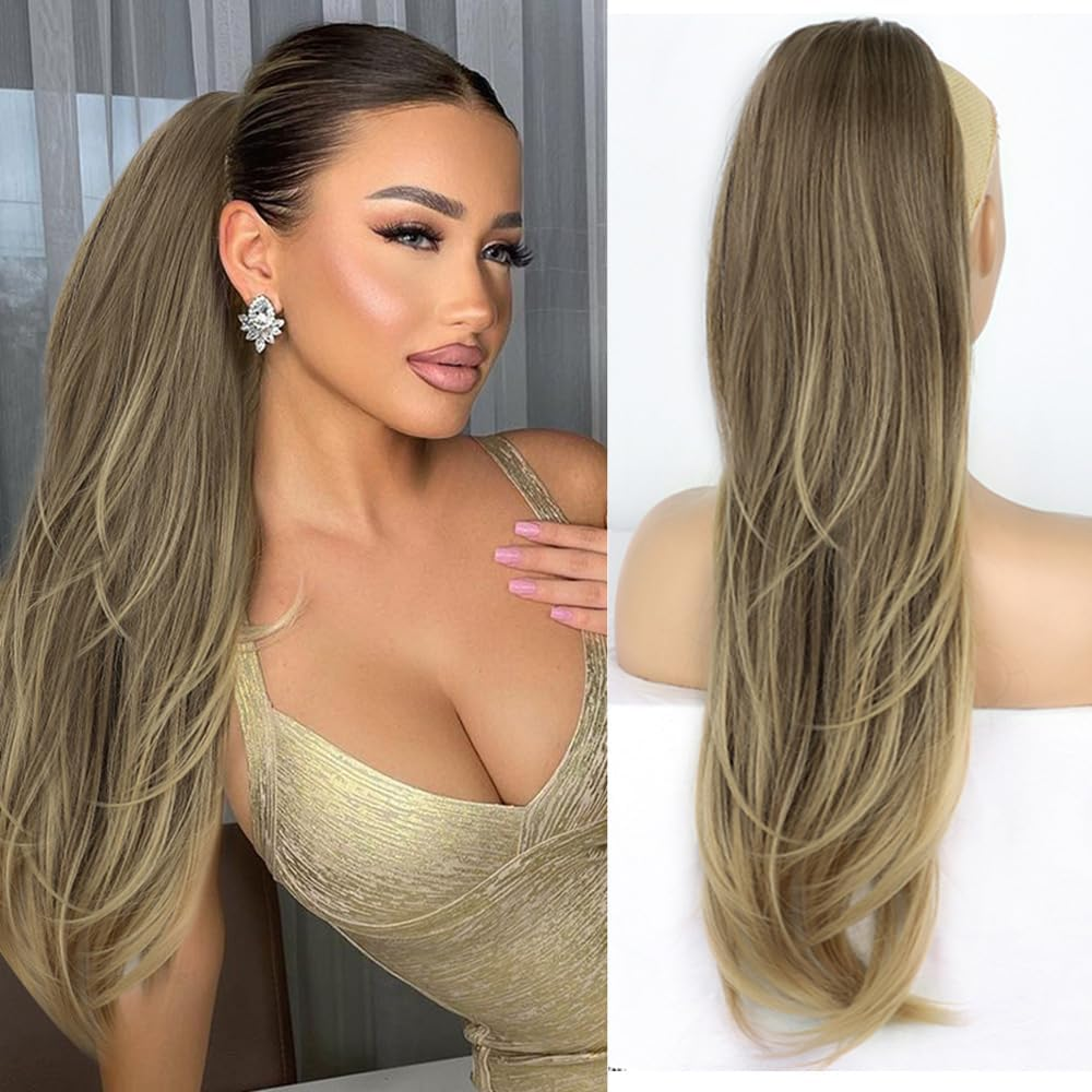 PORSMEER Long Braid Ponytail Hairpiece Hair Extension with Drawstring Long Straight Wavy Natural Synthetic Hair Ponytail Extensions Brown with Blonde for Women Afro Ladies, 65 Cm