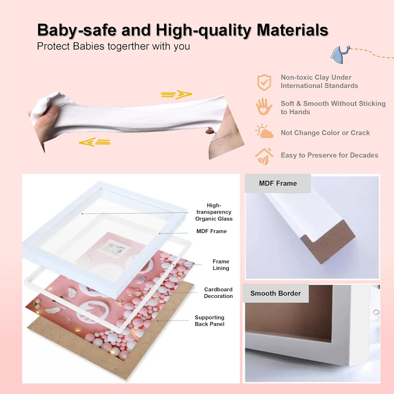 Pink Baby Handprint and Footprint Photo Frame for Girls Baby Shower, Personalized New Moms Gift with Hand and Foot Clay Mold and Casting Kit for Newborn Essentials, All-In-One Baby Registry Stuff with Nursery Picture Frame for New Parents image number 3