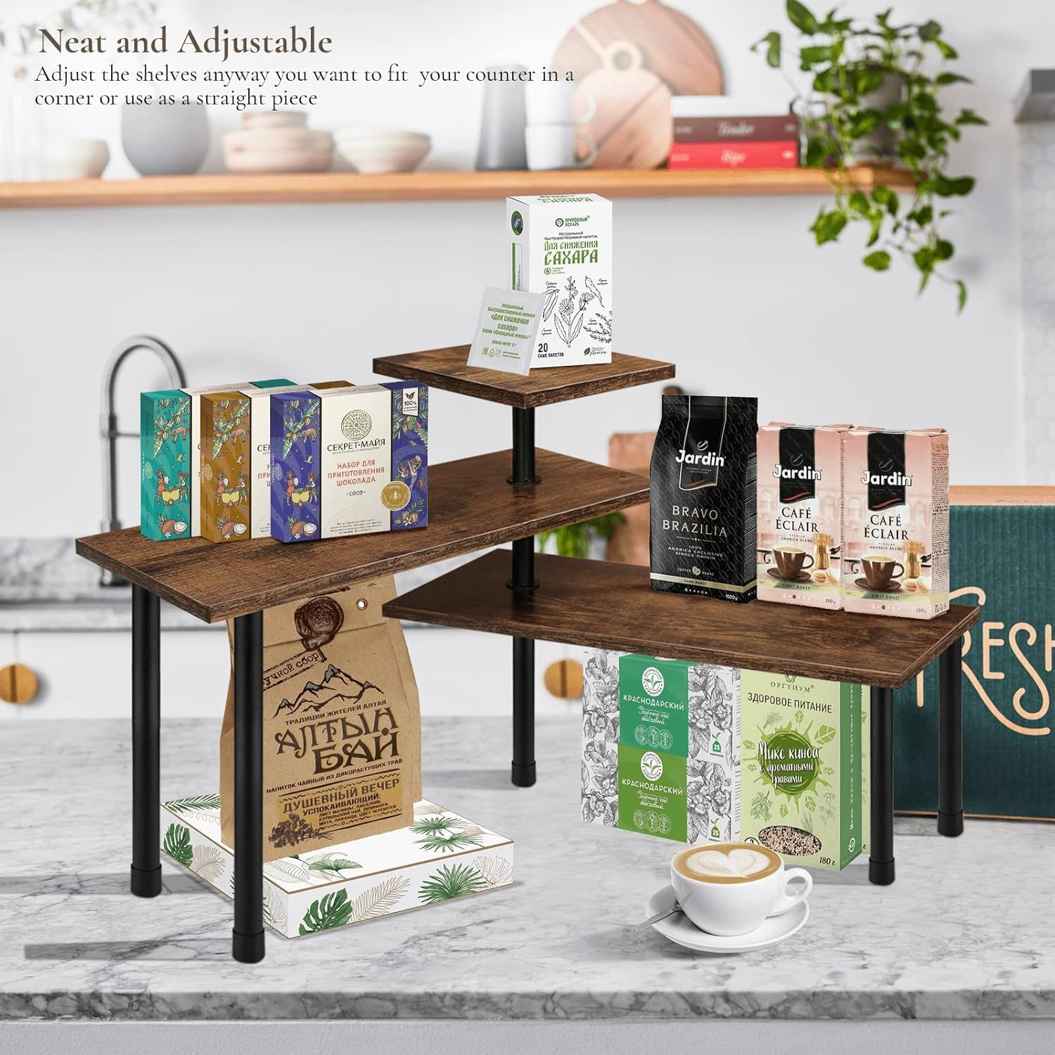 CARLA HOME 3-Tier Corner Shelf Kitchen Spice Rack Organiser Home Storage & Organisation, Adjustable Wooden Wall Shelf Pantry Organiser, Spice Jars Storage Rack for Kitchen Countertop image number 5