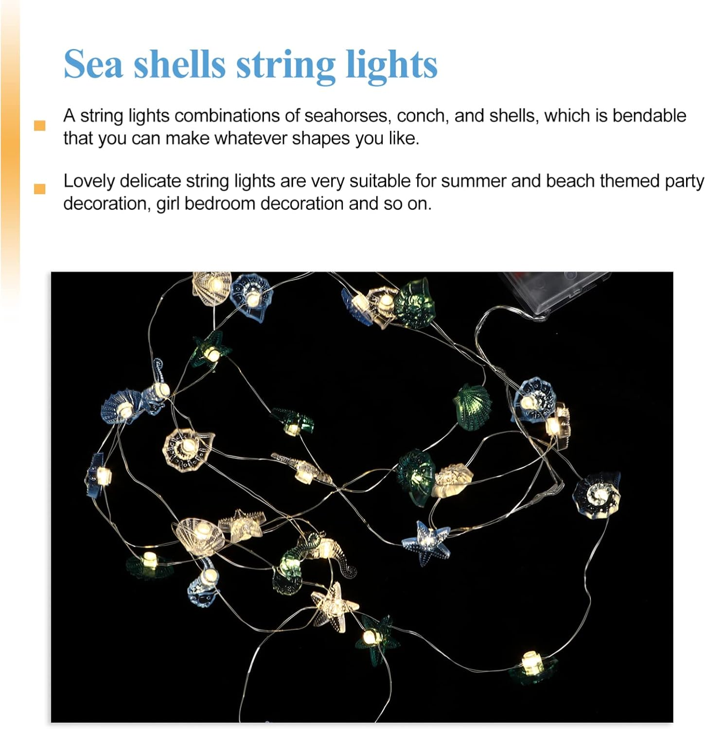 Abaodam Ocean Themed Fairy String Lights Nautical D&eacute;cor Sea Shells Seahorse Conch Cute Decorative Lights for Holiday Party image number 2